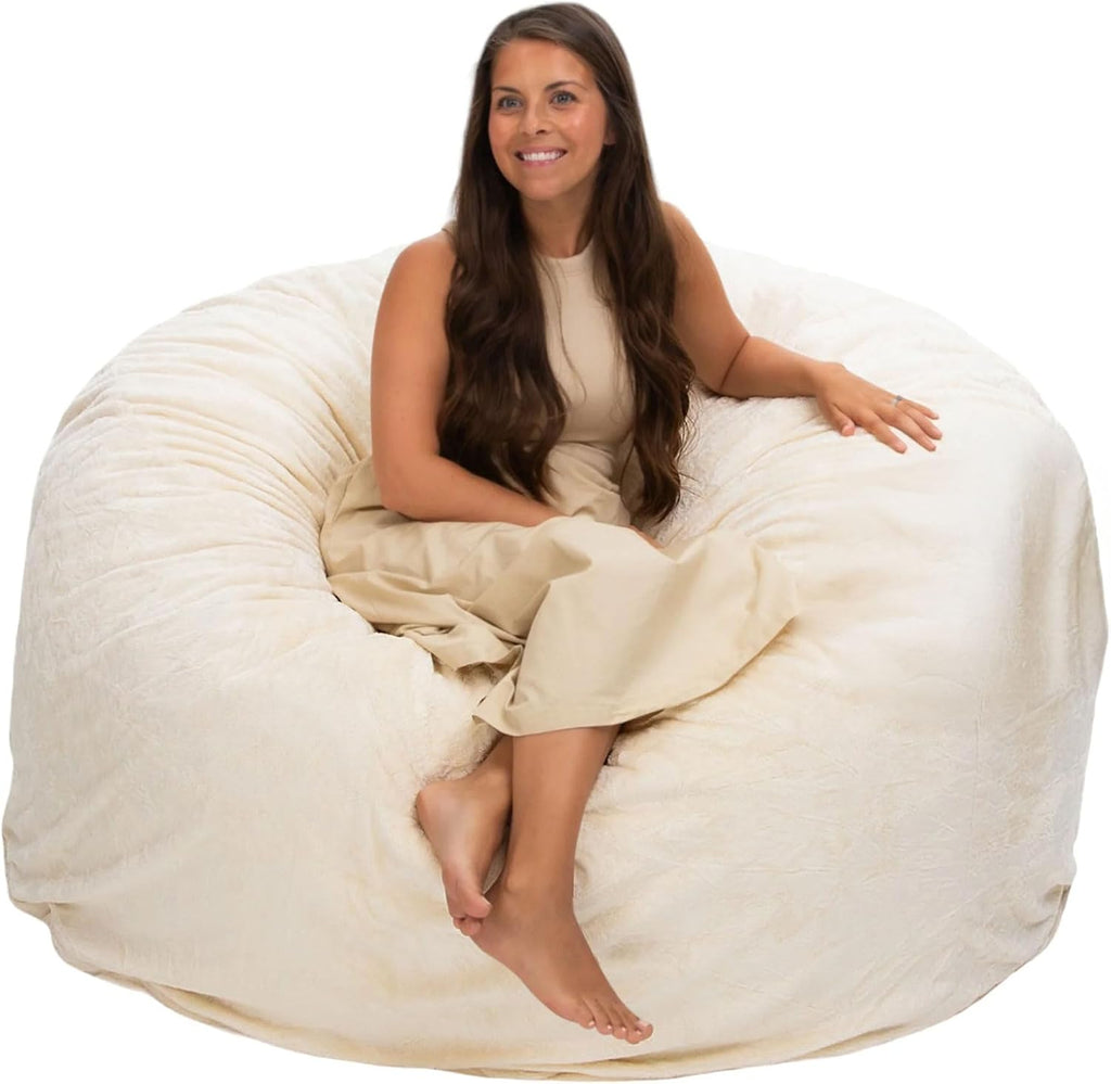 ULTIMATE SACK 5000 5-Foot Bean Bag Chair, Ivory Fur Cover – Oversized Foam Lounger, Floor Seat, Small Sofa, or Couch Bed for Living Area, Gaming Room, or Reading Lounge