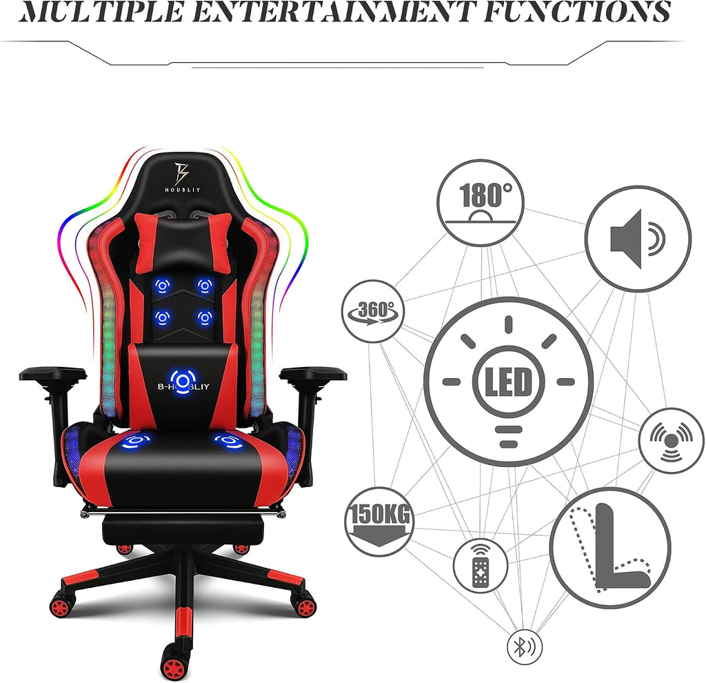 Massage Video Game Chair for Teens, RGB Gaming Chair with Speakers, High Back Adjustable Computer Chair with Footrest, PU Leather Recliner Swivel Rocking Desk Chair Office Chair,Black