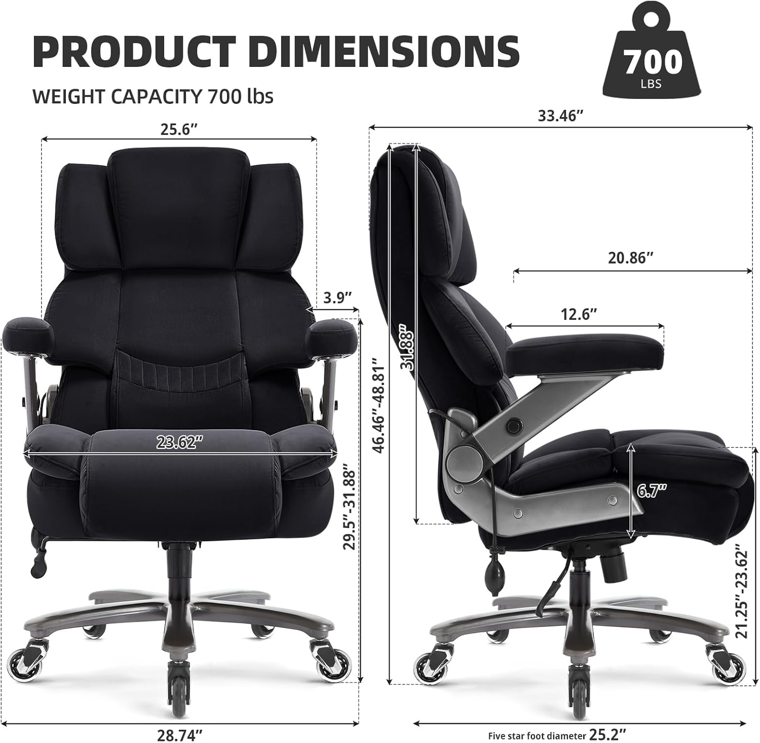VUZI 700LBS Large Heavy Duty Office Chair with 3D Flip Arms, Big and Tall Plus Size Fabric Executive Desk Chairs, High Back Extra Wide Computer Chair with Adjustable Lumbar Support, Sturdy Metal Base