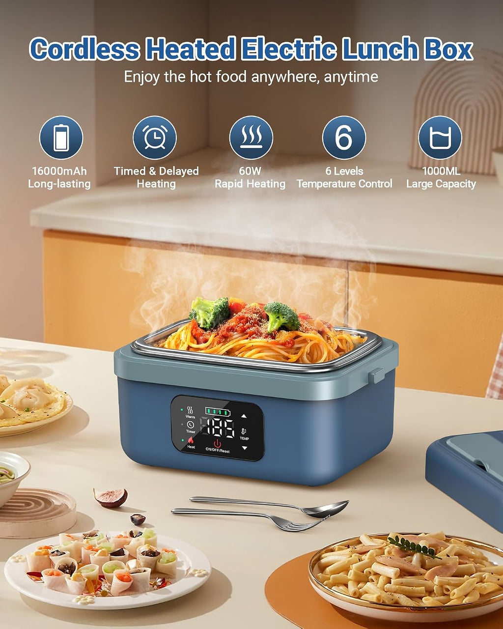 2026 Upgraded Heated Lunch Box for Adults, 16000mAh Cordless Rechargeable Electric Lunch Box with 1L Stainless Steel Container, Self-Heating Food Warmer for Work, Office & Travel