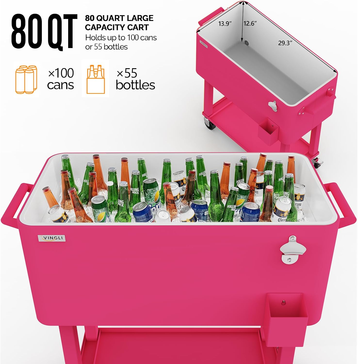 VINGLI Rolling Ice Chest, Portable Patio Party Bar Drink Cooler Cart, with Shelf, Beverage Pool with Bottle Opener