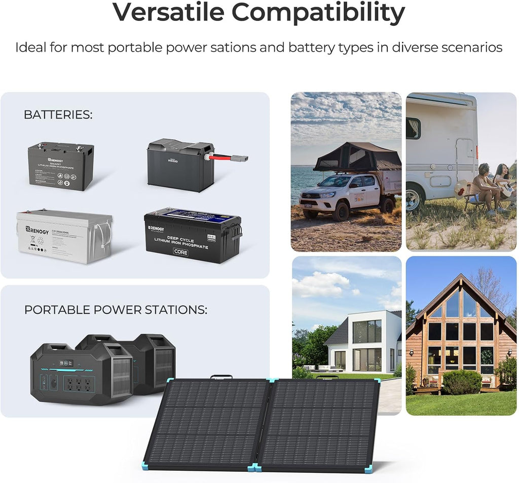 Renogy 100 Watt Solar Panel Suitcase, N-Type 100W Portable Foldable Solar Panels, 25% High Efficiency with 19% Lighter, Fast Setup with Kickstands, IP67 Waterproof for RV, Camping, Off-Grid, Blackouts