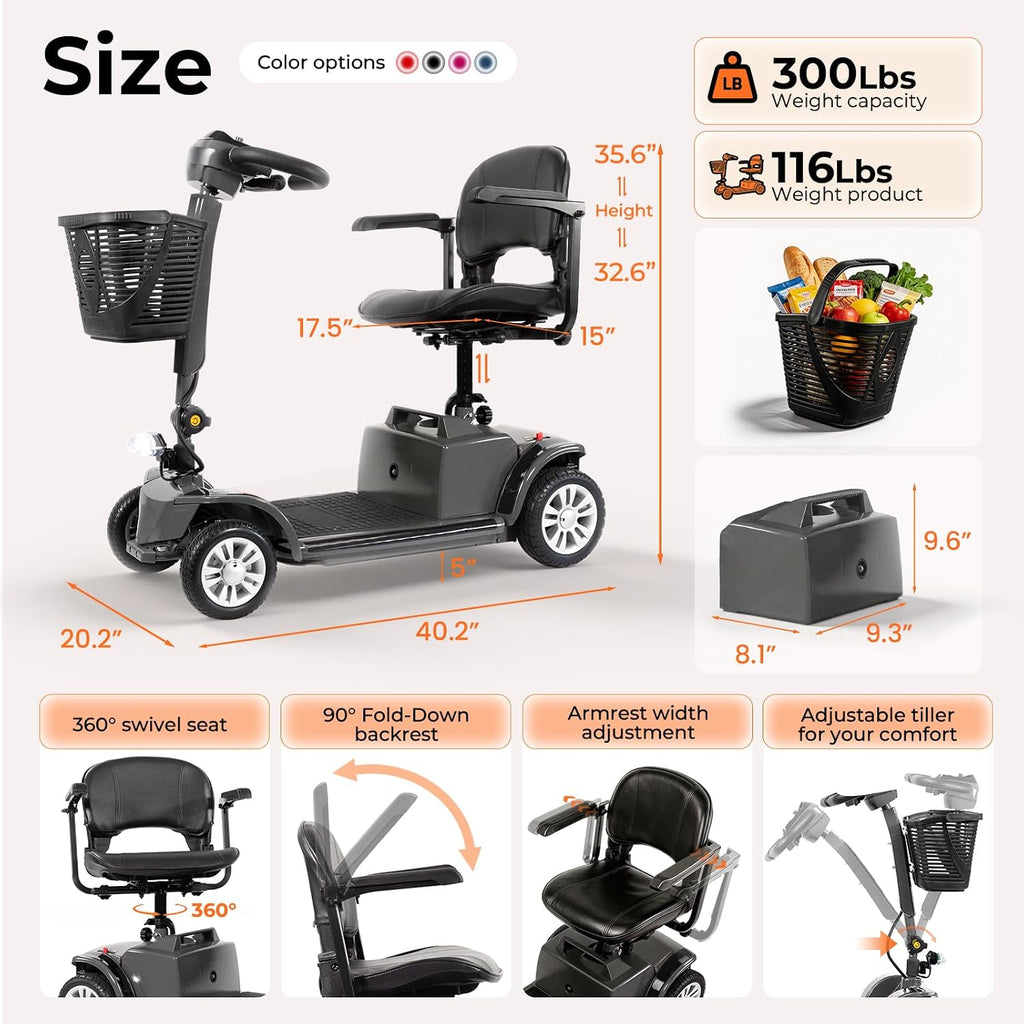 Mobility Scooter for Adults Senior,4 Wheels Electric Powered Scooter,Lightweight Mobility Scooter,with LED Headlights and Basket,Charger Included, Detachable Battery and Rotatable Seat (Grey-Black)