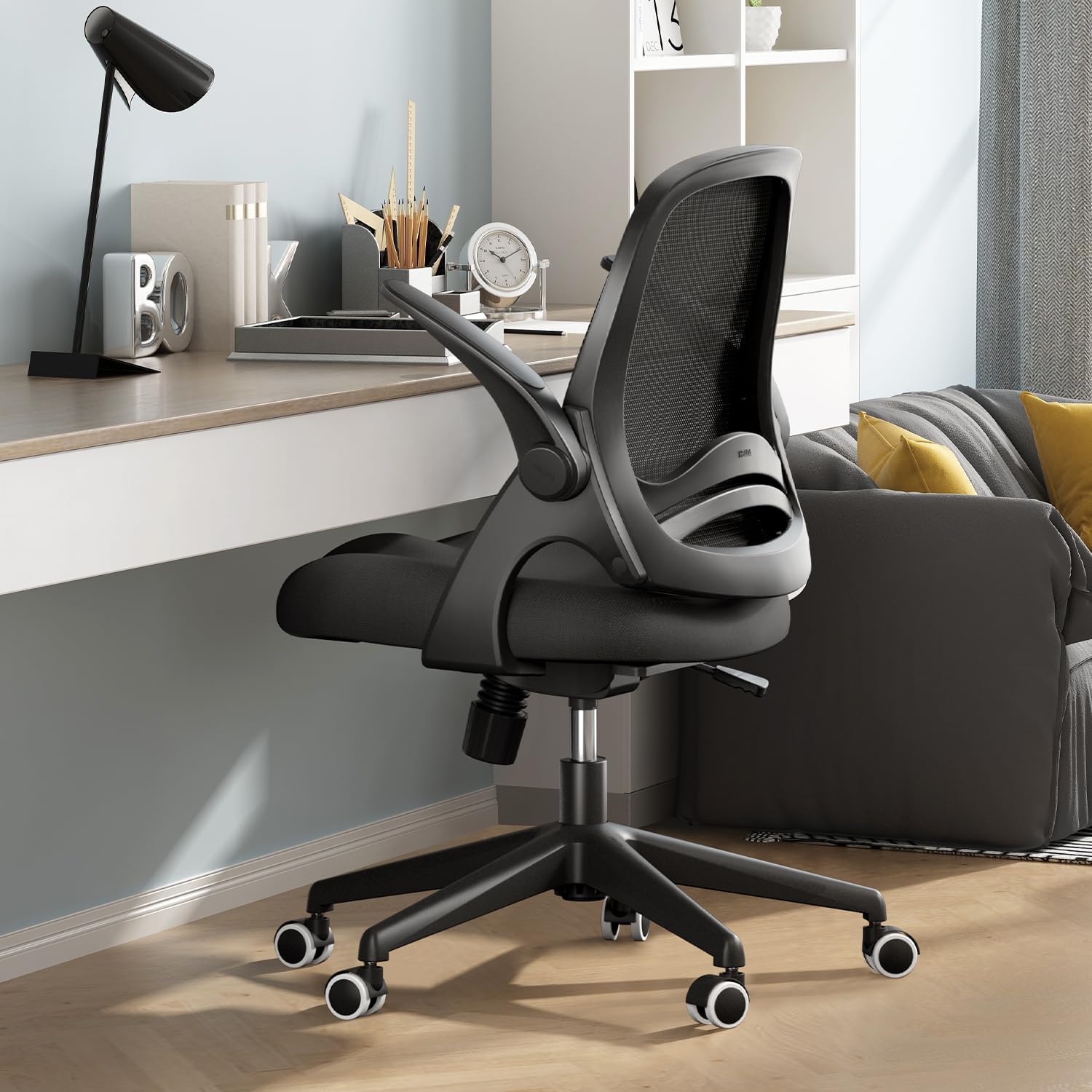 Hbada Office Desk Chair with Flip-Up Armrests and Saddle Cushion, Ergonomic Office Chair with S-Shaped Backrest, Swivel, Mesh, Black