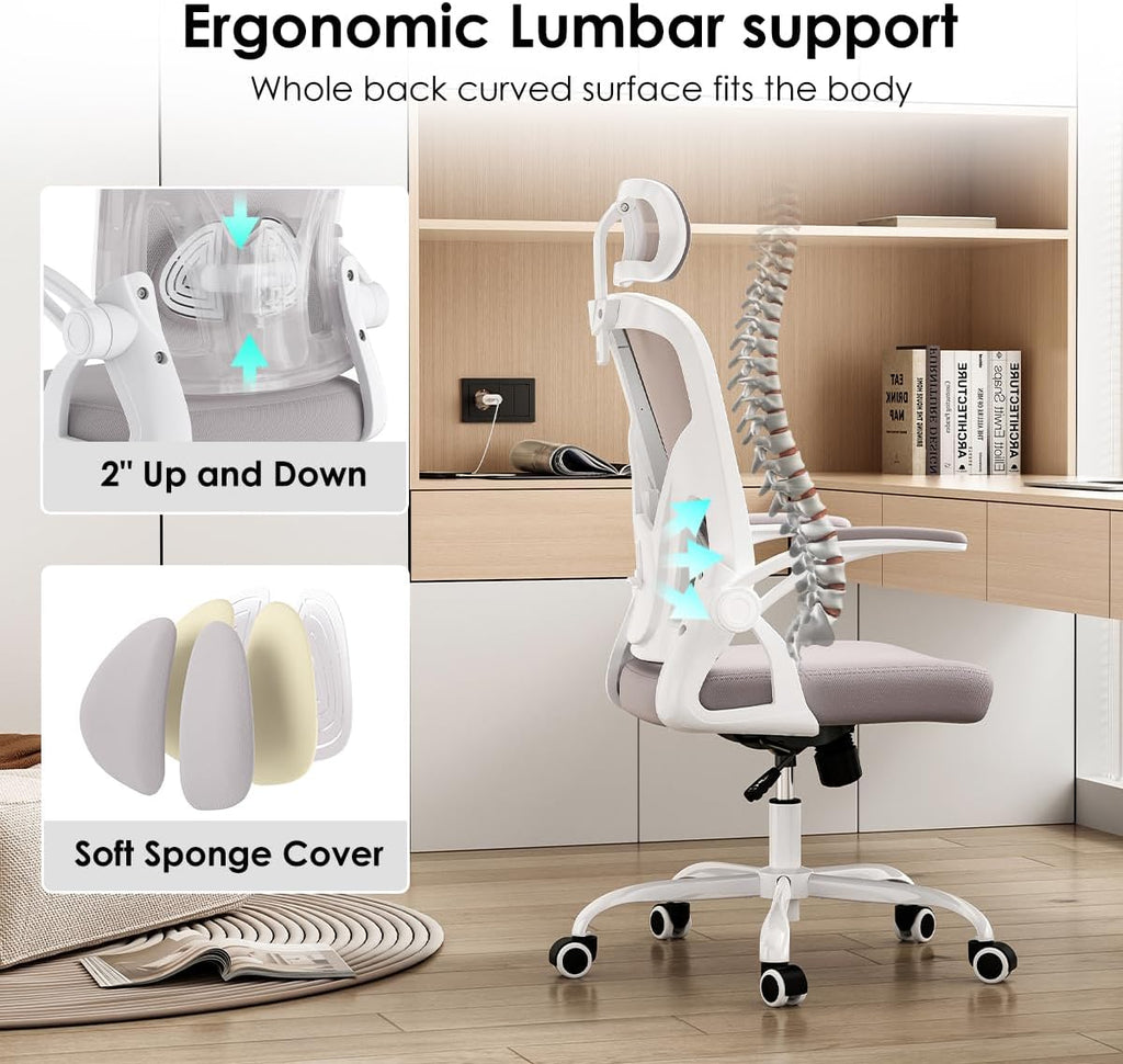 Farini Ergonomic Office Chair, Home Office Desk Chair with Headrest, High Back Swivel Computer Chair with Armrests and Adjustable Lumbar Support for Home Office Study Room, White & Gray