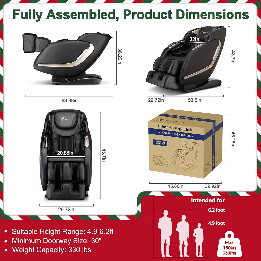 EASPEARL 2026 Massage Chair Full Body,SL-Track,165°Zero Gravity Massage with Full Body Heat,APP Control,Airbags,Bluetooth Speaker,12 Auto Modes,3-Row Foot Rollers,Body Scan(Black)