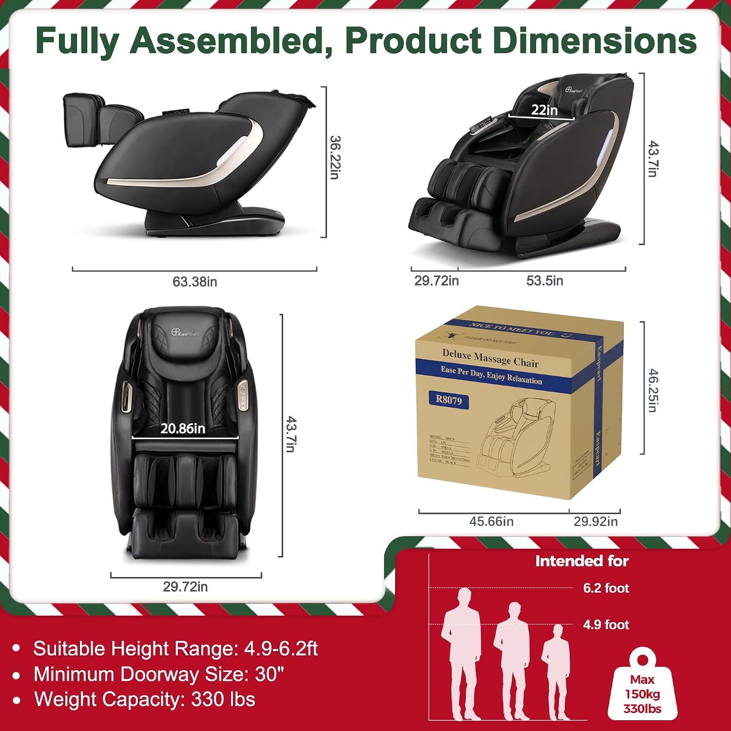 EASPEARL 2026 Massage Chair Full Body,SL-Track,165°Zero Gravity Massage with Full Body Heat,APP Control,Airbags,Bluetooth Speaker,12 Auto Modes,3-Row Foot Rollers,Body Scan(Black)