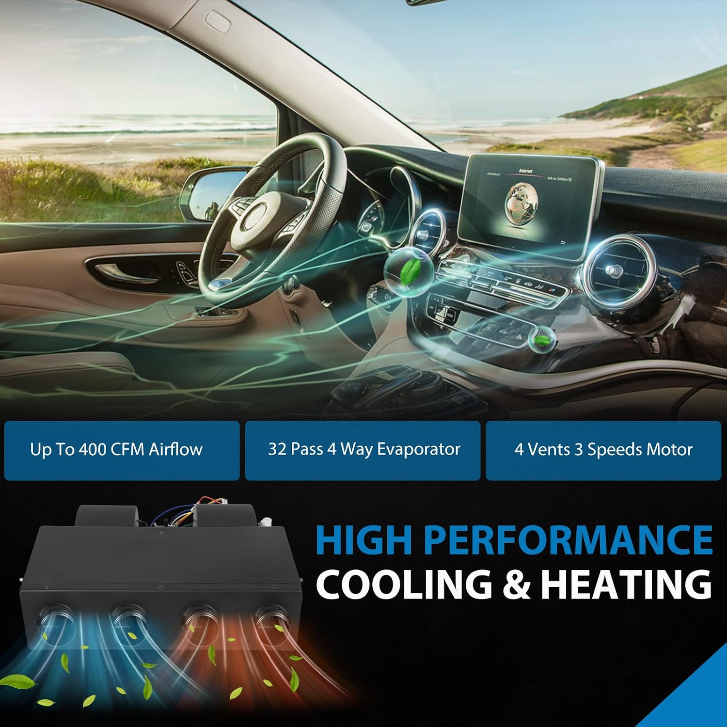Universal 12 Volt DC Under Dash Air Conditioner Heating and Cooling 10000 BTU A/C Unit Kit, Electric Heater System with Evaporator Condenser Compressor for Classical Car Van Truck ATV Pickup Tractor