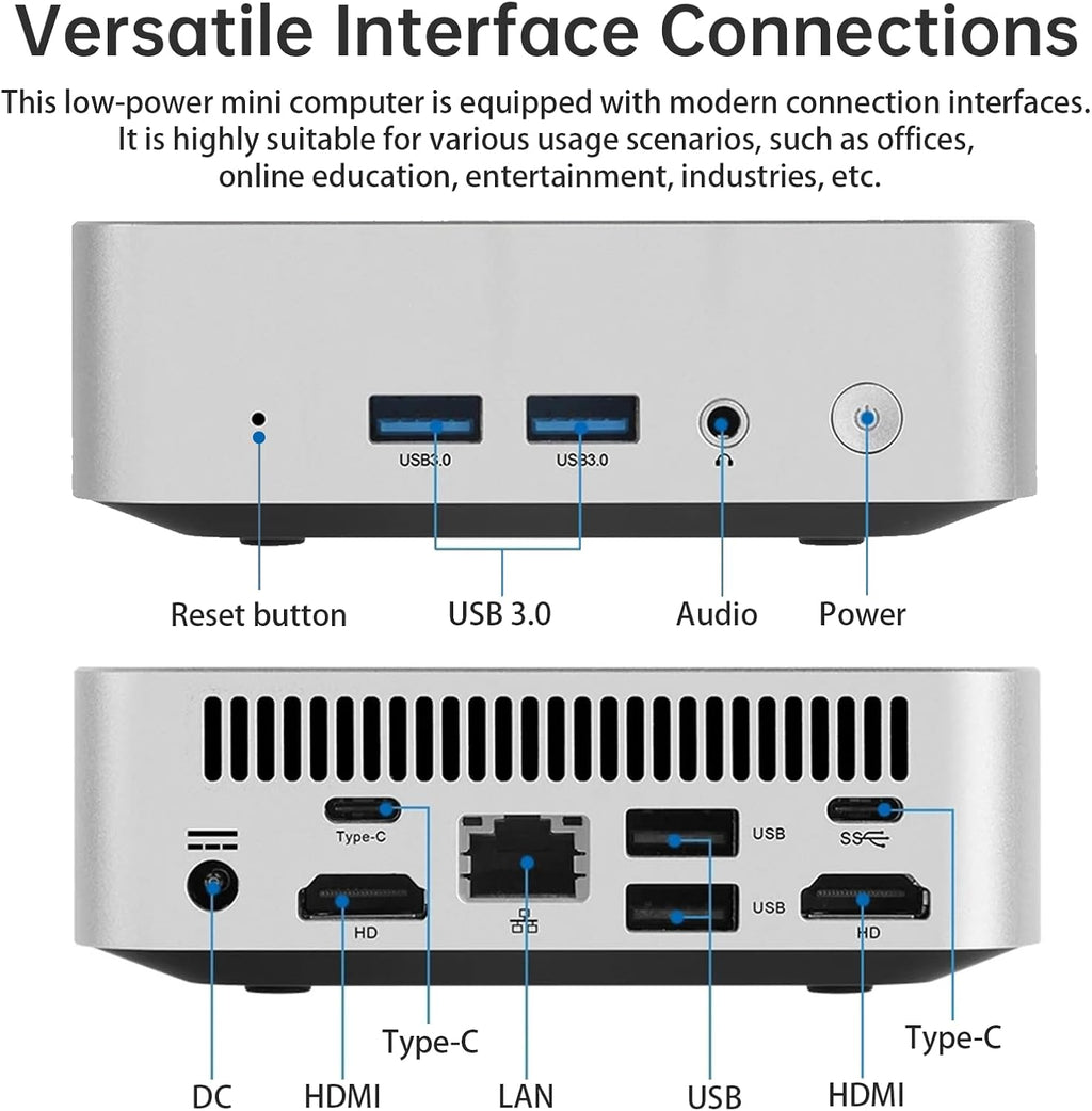 Mini PC (4C/4T) 8GB RAM 128GB SSD Support 2T desktop computers windows/WiFi/BT/DC/RJ45 LAN 1000M/USB*4/USB-C*2 /HDMI*2 4K Dual Display 2.4G/5G WiFi & BT4.2 Mini Desktop Computer Home Office (N3700)
