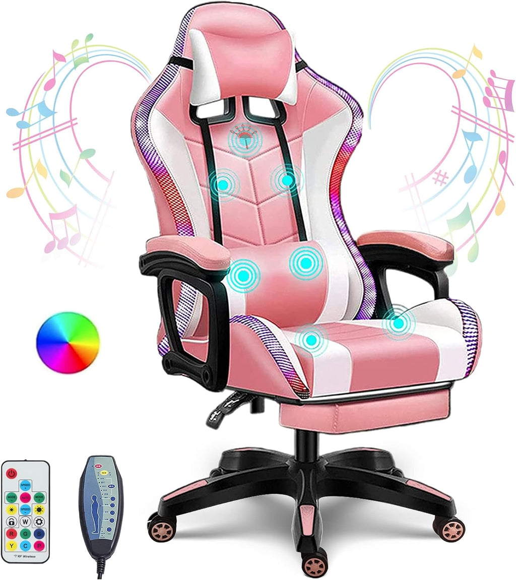 Gaming Chair with Speakers and Footrest Full Massage Computer Chair with RGB Lights Ergonomic Video Game Chair with Lumbar Support PU Leather High Back Gamer Chair for Office and Gaming,Pink