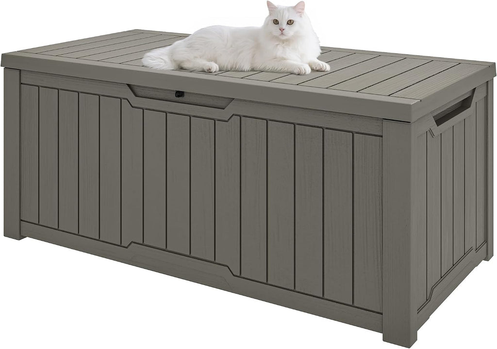 GOOBED 120-Gallon Deck Box, Waterproof Outdoor Storage Chest for Garden Tools, Pool Supplies, and Sports Gear, Lockable Lid, Multi-Purpose Bench or Table, Easy Assembly (Taupe