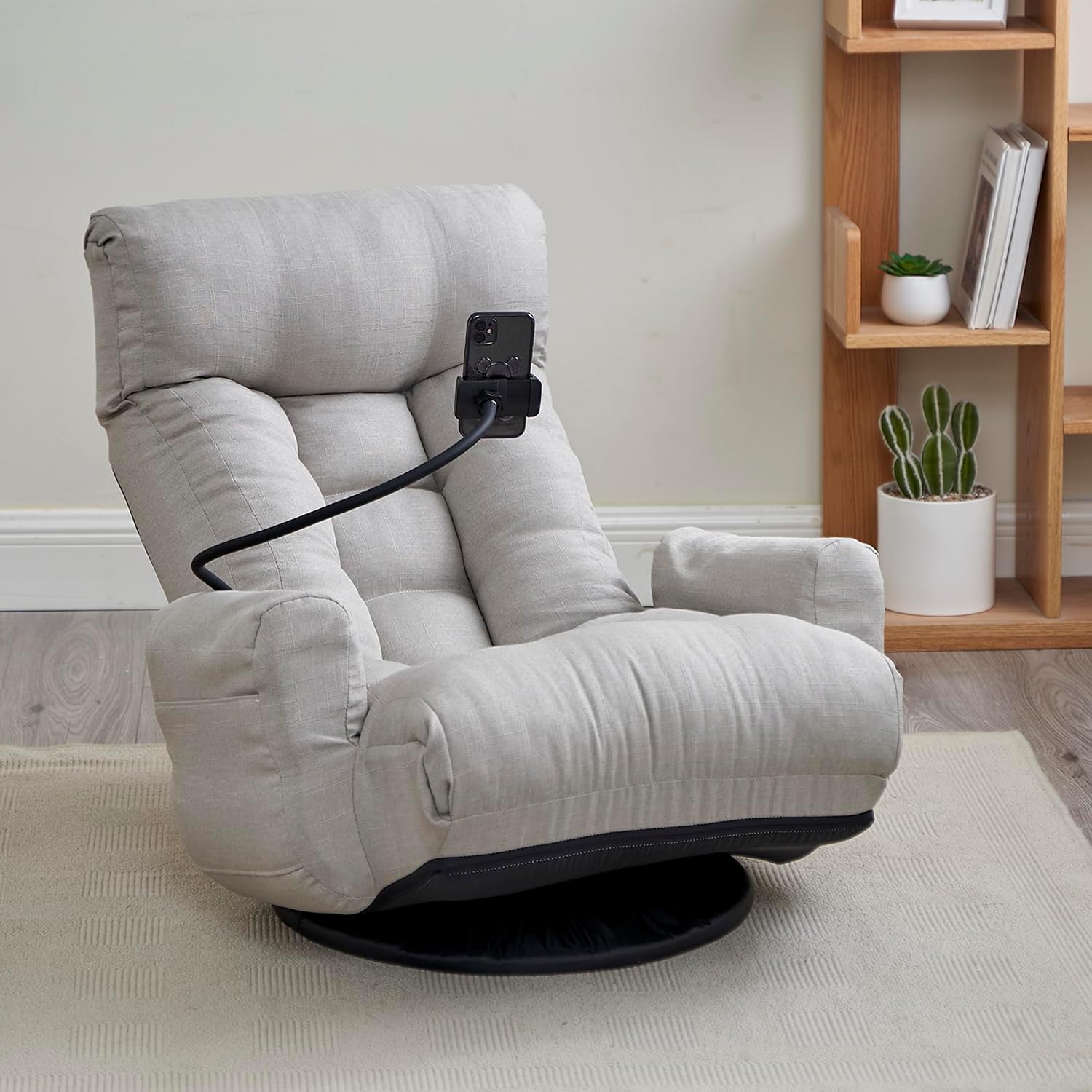 Yoglad Japanese Style Chaise Lounge Sofa with Phone Holder, 360-Degree Swivel Chair Floor Gaming Chair Lazy Sofa for Reading Game Meditating, 3 Adjustable Positions (Linen Gray)