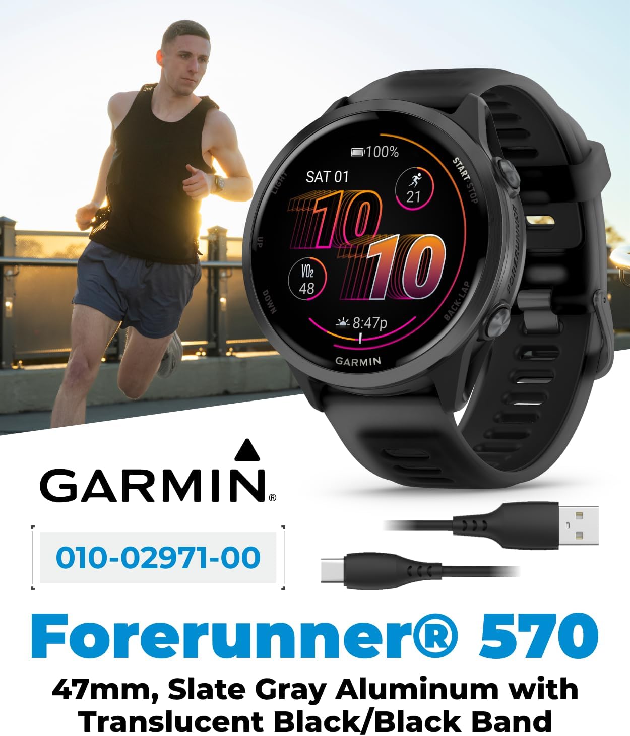 Garmin Forerunner 570 47mm Advanced GPS Running & Triathlon Smartwatch, AMOLED Display, Training & Recovery, Slate Gray Aluminum w/Translucent Black/Black Band w/ Wearable4U White Earbuds Bundle