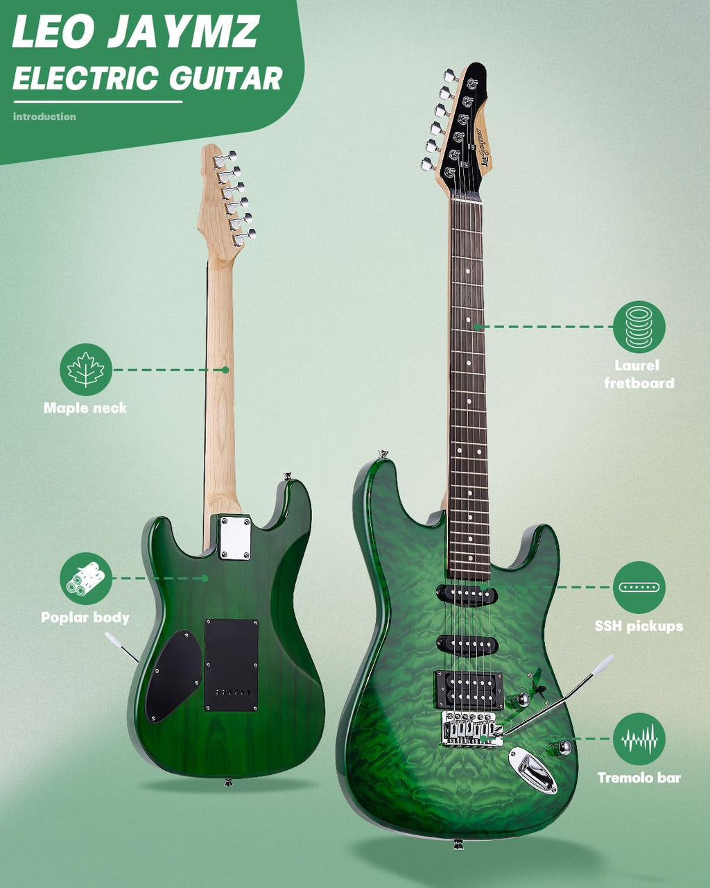 Leo Jaymz 39' Full Size ST Style Electric Guitar Starter Kit with SSH Pickup, 5W Portable Amp, Tuner, Gig Bag, Strap & Accessories (Green Ocean 5W)