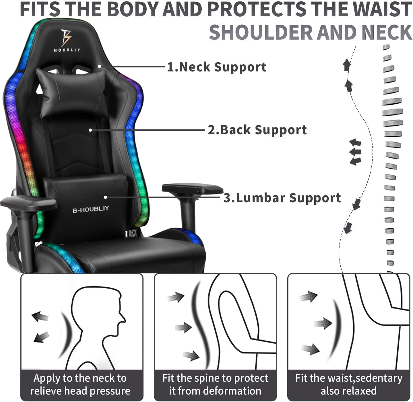 Ergonomic Office Chair with 7-Pointed Vibration Massage and Footrest, Big and Tall PU Leather Gaming Chair with Speakers and RGB Lights, Computer Chair with Lumbar Support Headrest Armrest,Blac