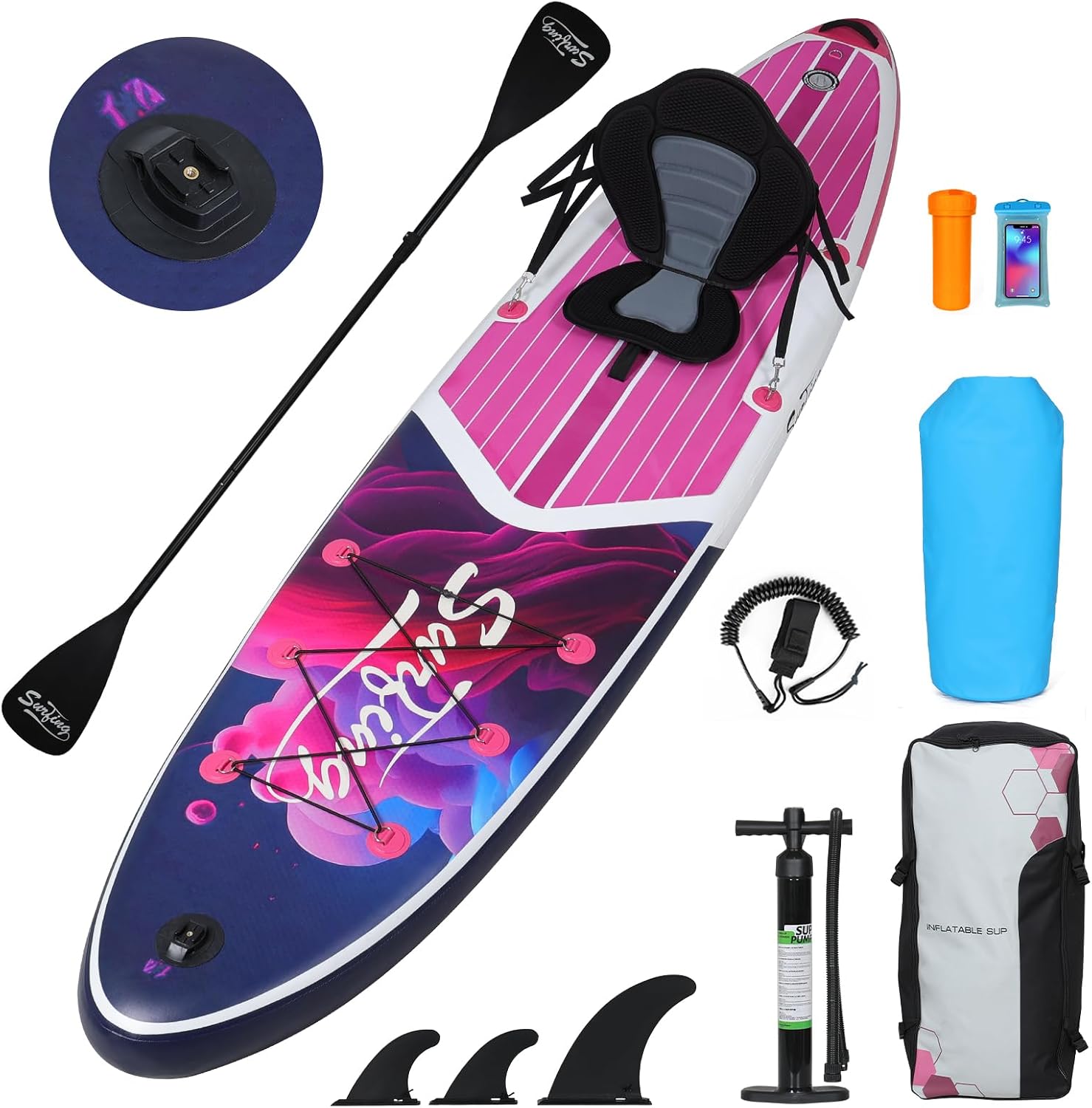 YUSING 11' Inflatable Stand Up Paddle Board with Kayak Seat, Non-Slip Deck SUP Paddle Board with Premium Kayak and SUP Accessories & Backpack, Portable Standing Boat for Youth & Adult