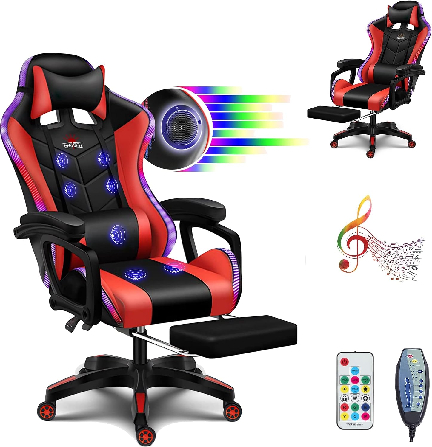 RGB Gaming Chair with Footrest,Gaming Chair with Speakers - with Full Massage Lumbar Support, Ergonomic Desk Computer Chair High Back & Lumbar Support Arms Backrest Adjustable,Red