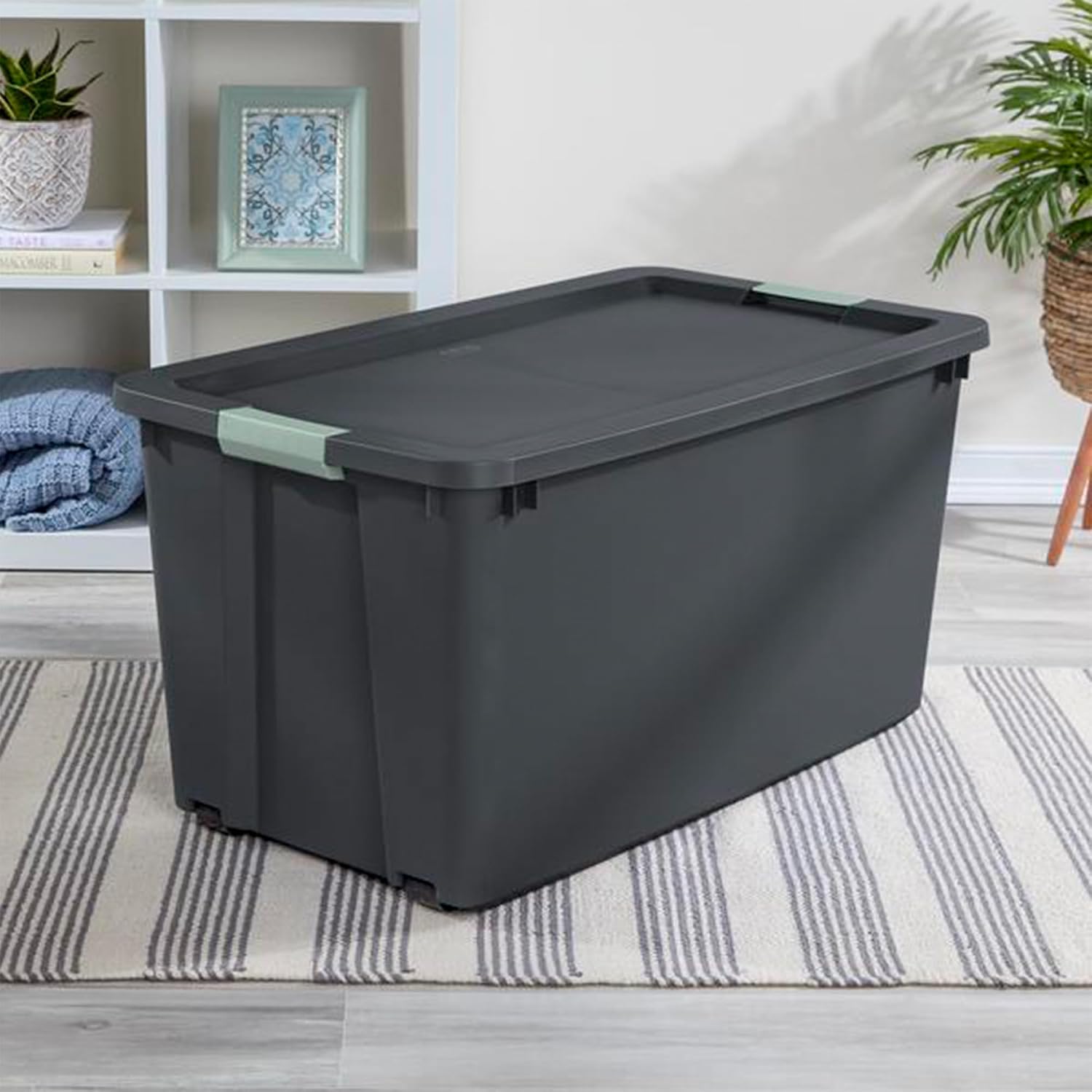Sterilite 8 Pack 45 Gallon Wheeled Latch Tote, Stackable Plastic Storage Bin, Gray/Green