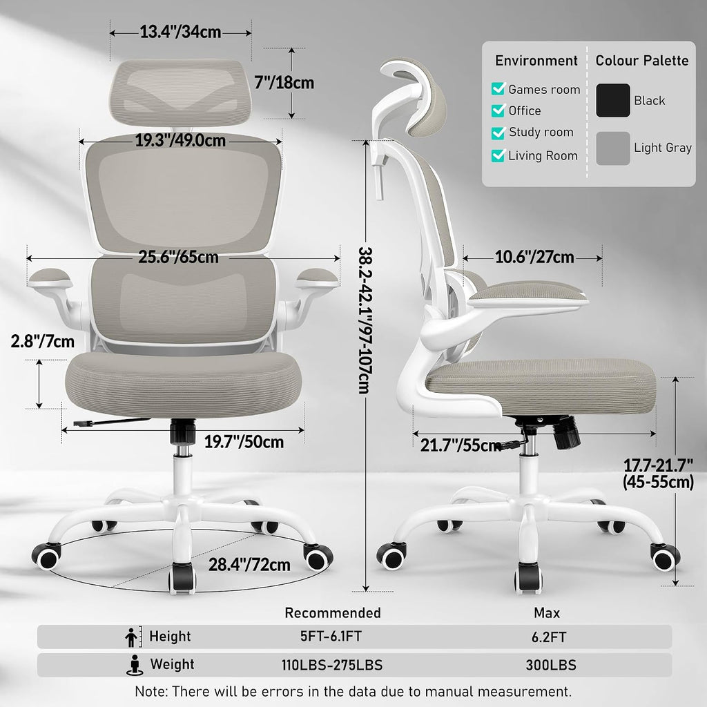 BESTFAIR High Back Ergonomic Office Chair, Breathable Mesh Desk Chair with Lumbar Support, Adjustable Headrest, Flip-up Armrests, Computer Gaming Chair, (LightGray)