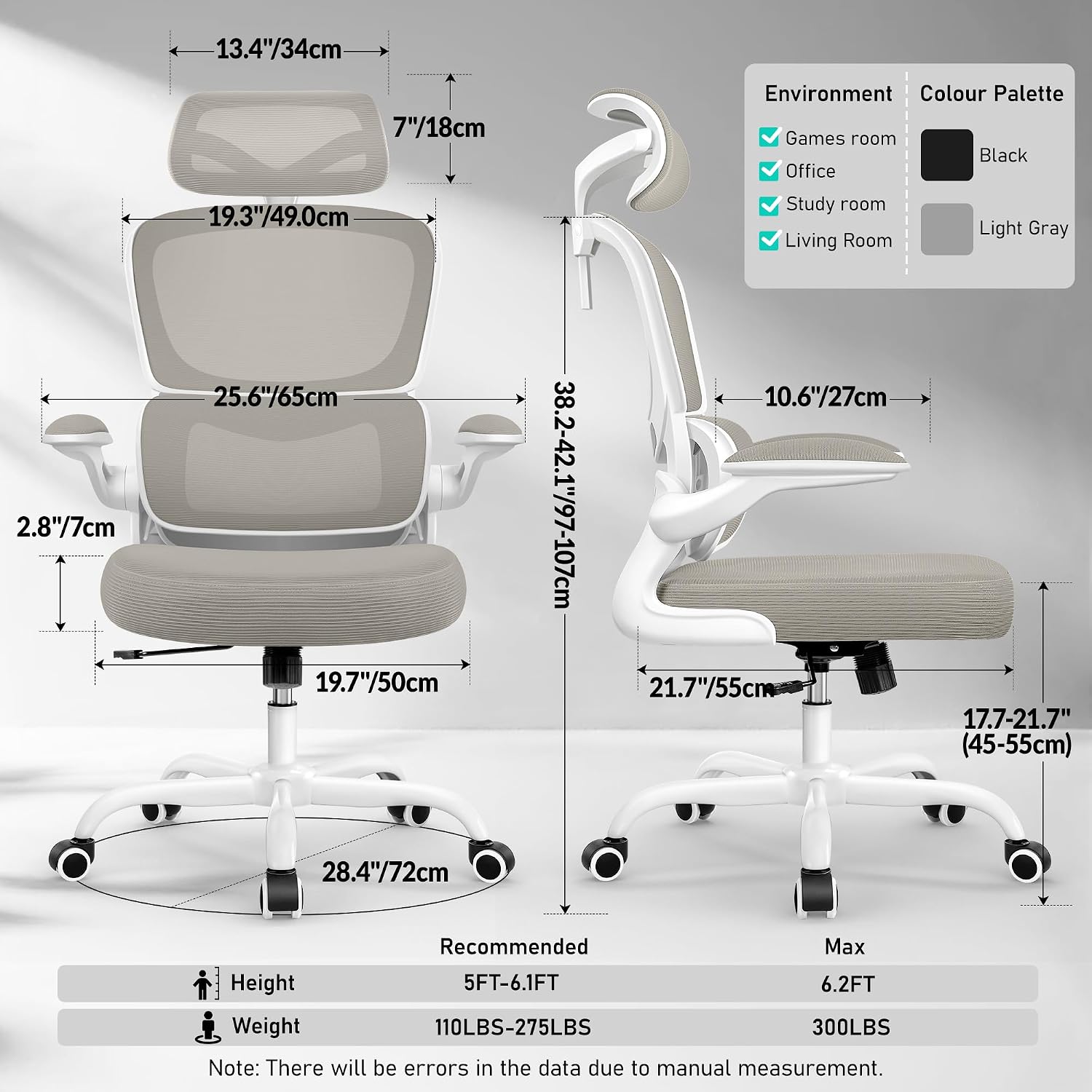 BESTFAIR High Back Ergonomic Office Chair, Breathable Mesh Desk Chair with Lumbar Support, Adjustable Headrest, Flip-up Armrests, Computer Gaming Chair, (LightGray)