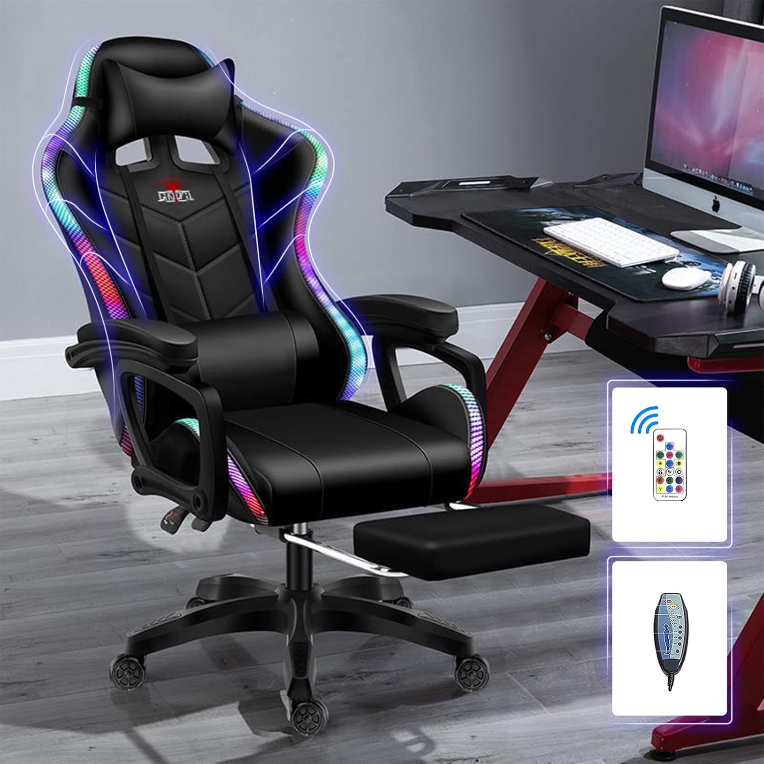 Massage Gaming Chair Racing Computer Desk Office Chair,with speakers and LED Linghts, with Headrest Lumbar Support footrest and Adjustable Armrests,360° Swivel 135° Reclining , 300LB Metal Base,Black