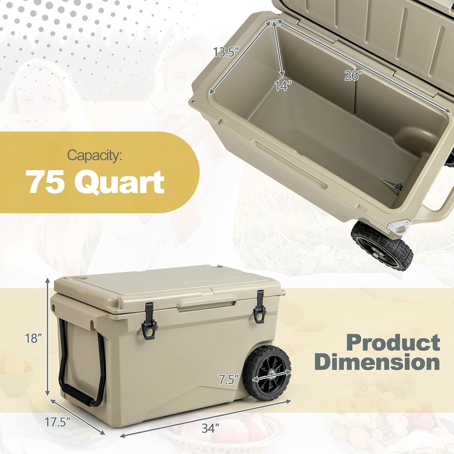 Goplus Cooler with Wheels, Insulated Large Ice Chest with Portable Handles, Cup Holders, Leak-Proof Tight Latches, 5-7-day Ice Retention, Heavy Duty Hard Coolers for Beach Camping Boat