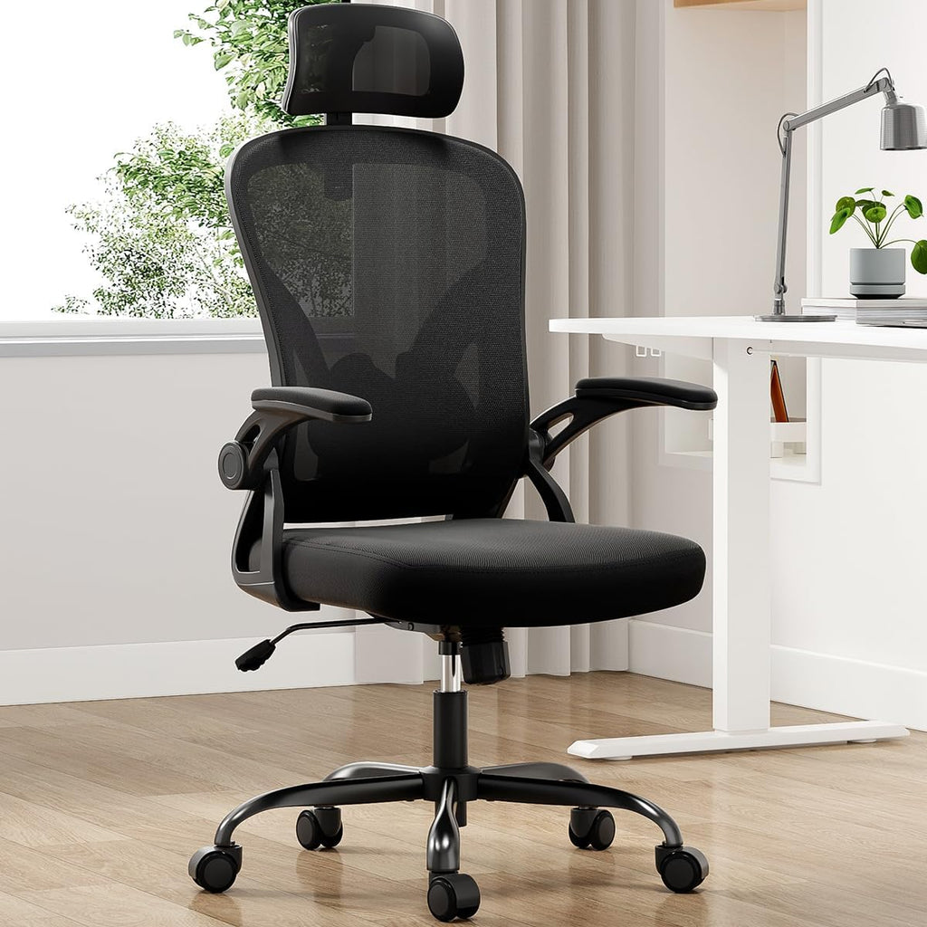 Farini Ergonomic Office Chair, Home Office Desk Chair with Headrest, High Back Swivel Computer Chair with Armrests and Adjustable Lumbar Support for Home Office Study Room, Black & Dark Black