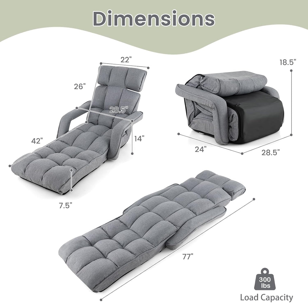 RELAX4LIFE Floor Chair Sofa Bed - Folding Lazy Sofa w/6-Position Adjustable Backrest, Armrests & 8-Level Footrest for Living Room Bedroom, Gaming Floor Chairs for Adults, Foldable Chaise Lounge Indoor