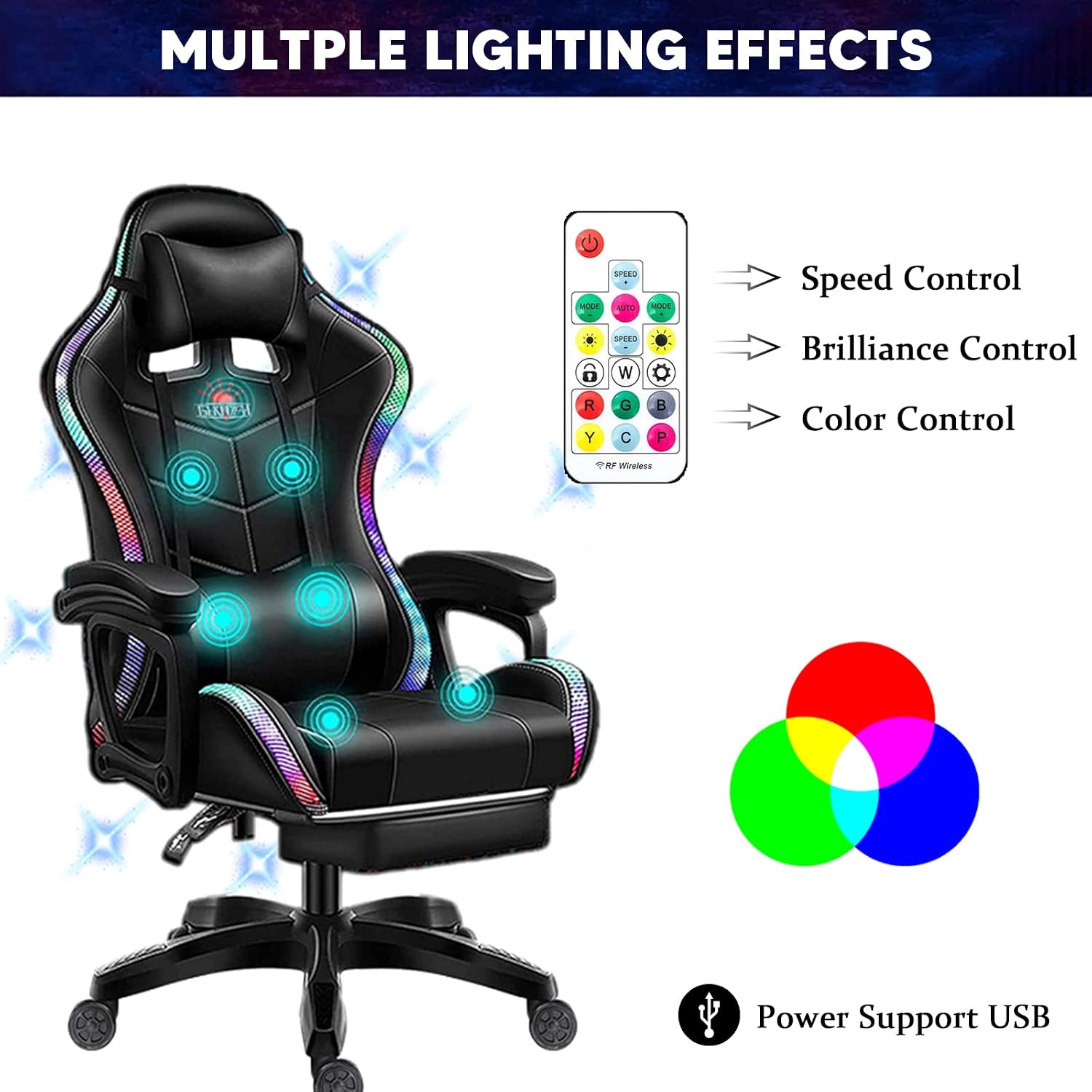 Ergonomic Pro Gaming Chair with Speakers RGB Video Game Chair with Footrest, High Back Massage Computer Chair with Lumbar Support and Headrest Adjustable Height, Gamer Chair for Adult Teens,Black