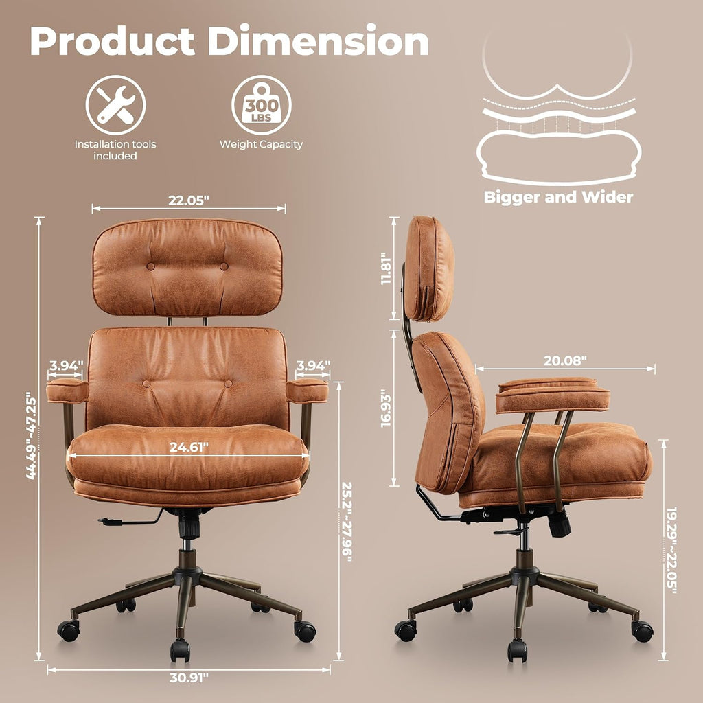 ovios Ergonomic Office Chair, High Back Faux Leather Executive Chairs with Thick Cushion, Comfy Mid-Century Modern Swivel Rolling Computer Armchair (Brown, Suede Leather)