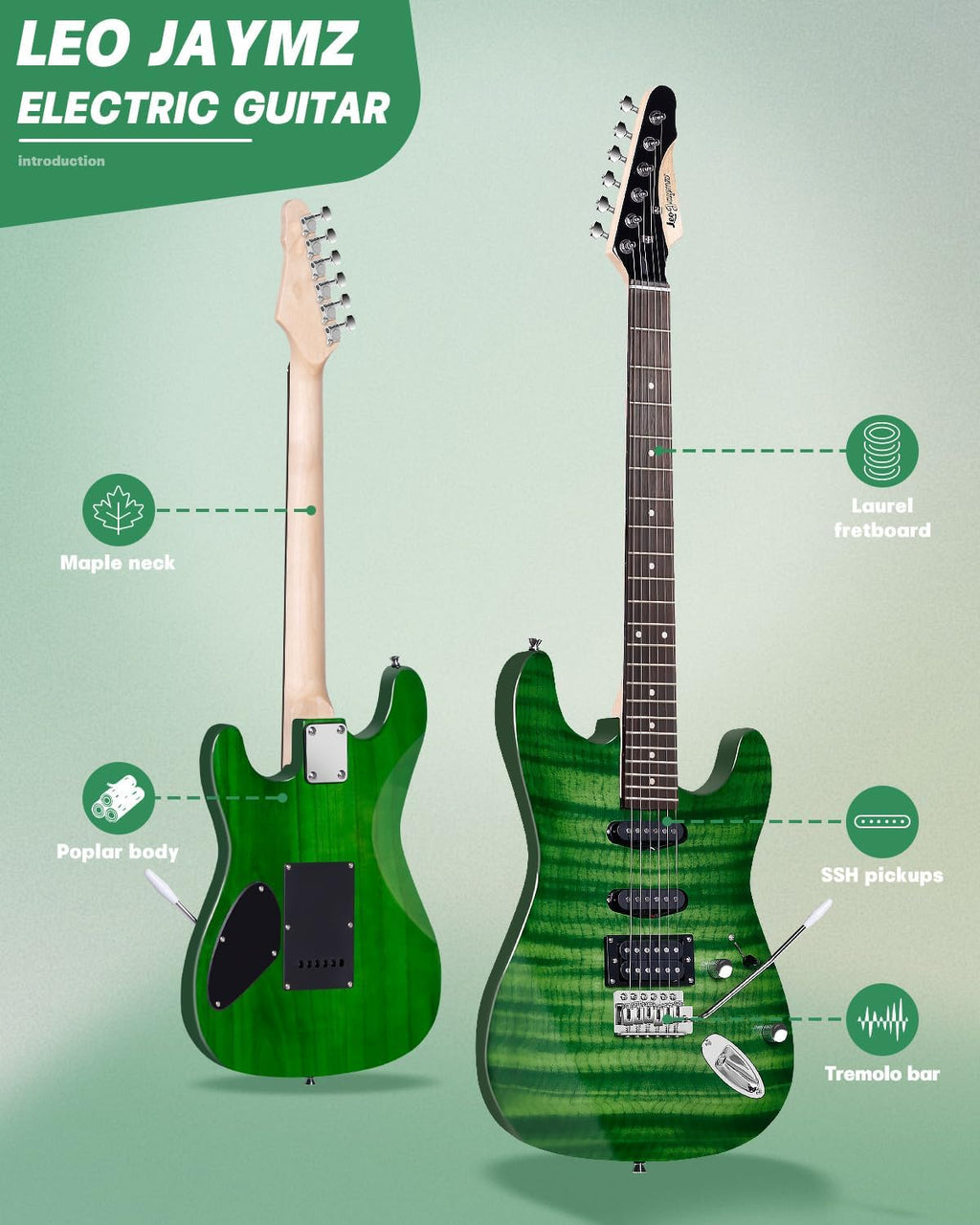 Leo Jaymz 39' Full Size ST Style Electric Guitar Starter Kit with SSH Pickup, 5W Portable Amp, Tuner, Gig Bag, Strap & Accessories (Green Flame)