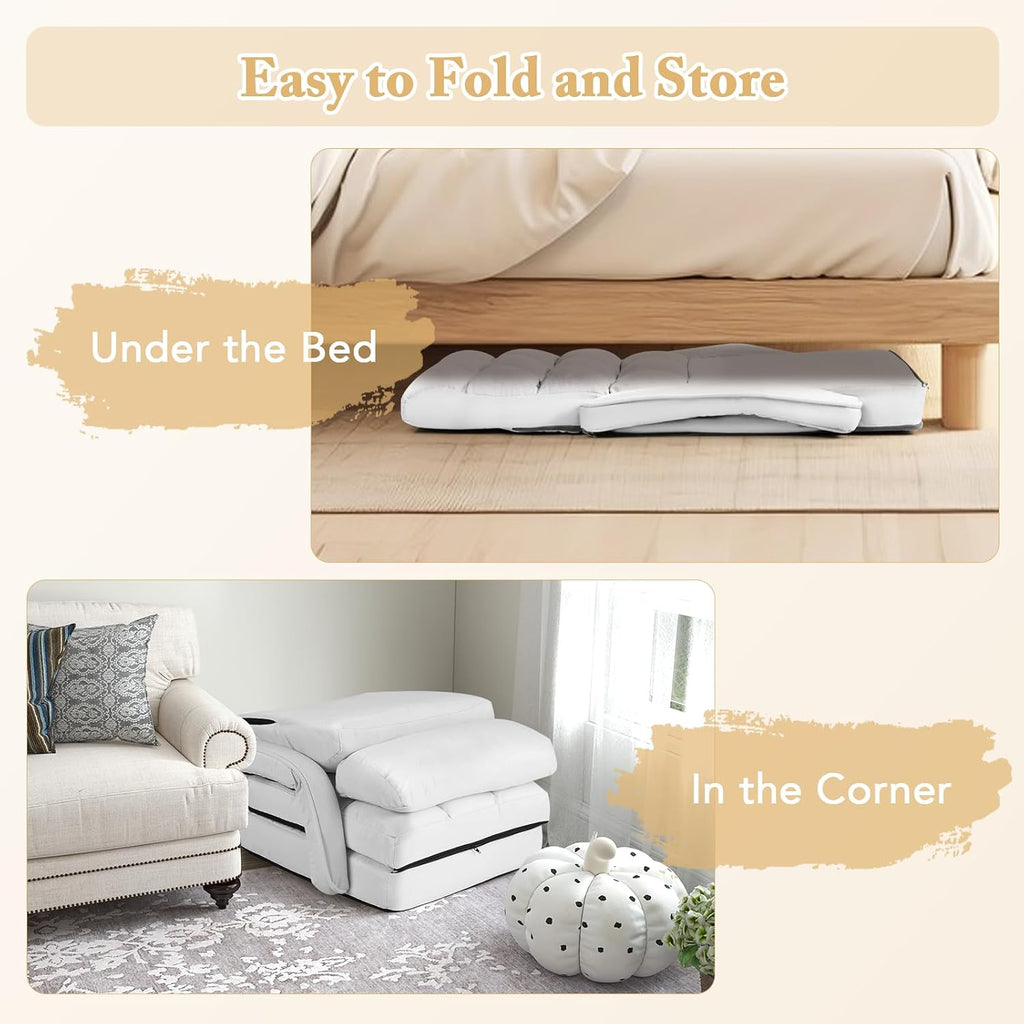 KOMFOTT Foldable Floor Lazy Sofa Chair, Indoor Chaise Lounge Chair with 6 Positions Adjustable Backrest, Detachable Seat Cushion, Armrests & Pillow, Cozy Floor Chair for Living Room, Bedroom (White)