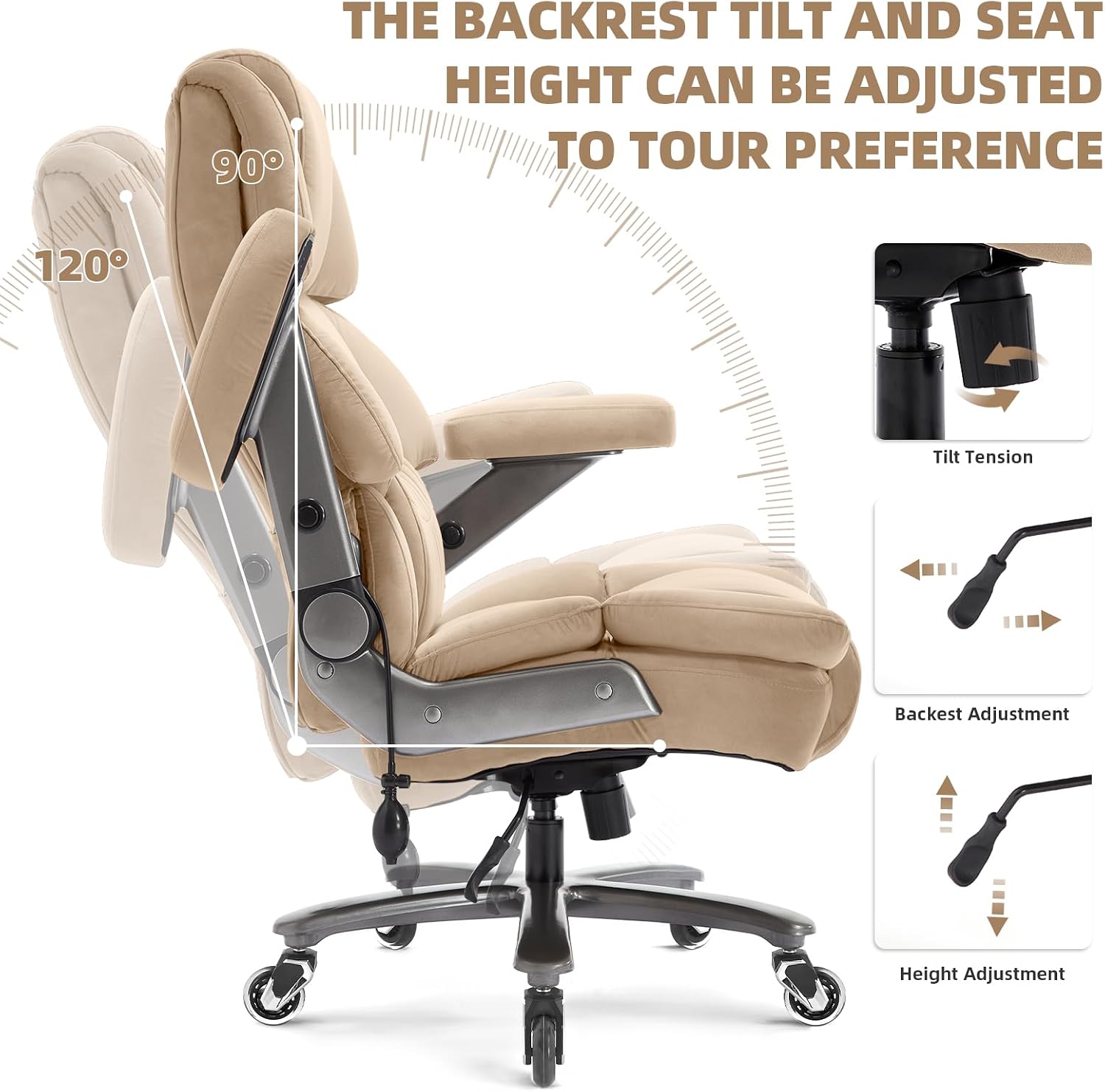 VUZI 700LBS Large Heavy Duty Office Chair with 3D Flip Arms, Big and Tall Plus Size Fabric Executive Desk Chairs, High Back Extra Wide Computer Chair with Adjustable Lumbar Support, Sturdy Metal Base