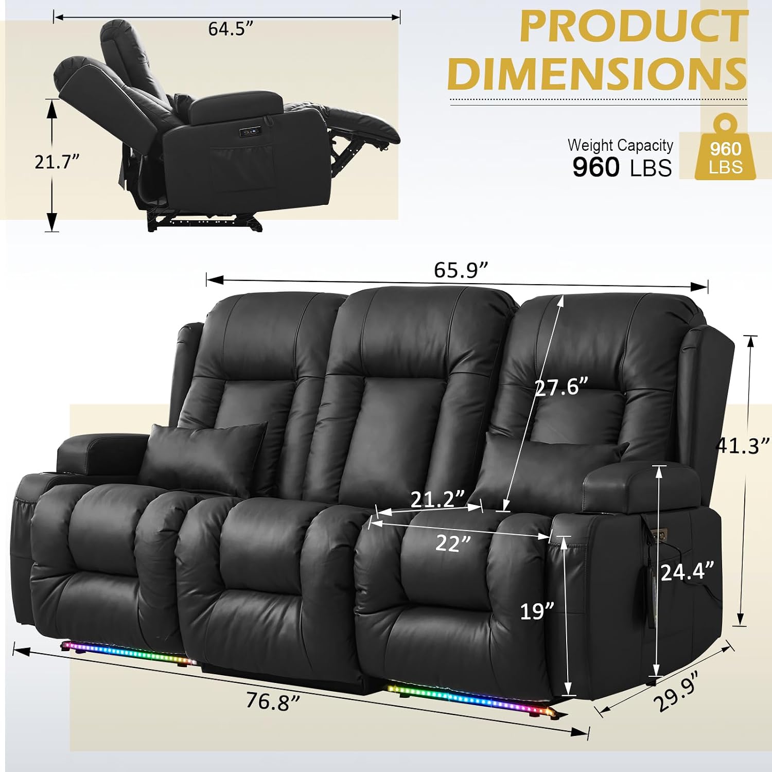 Loveseat Recliner Sofa, Leather Sofa with Massage & Heating, Home Theater Seating Power Reclining Loveseat with Outlet/LED Light/Cup Holders/Lumbar Pillows (Black, 3 Seat)