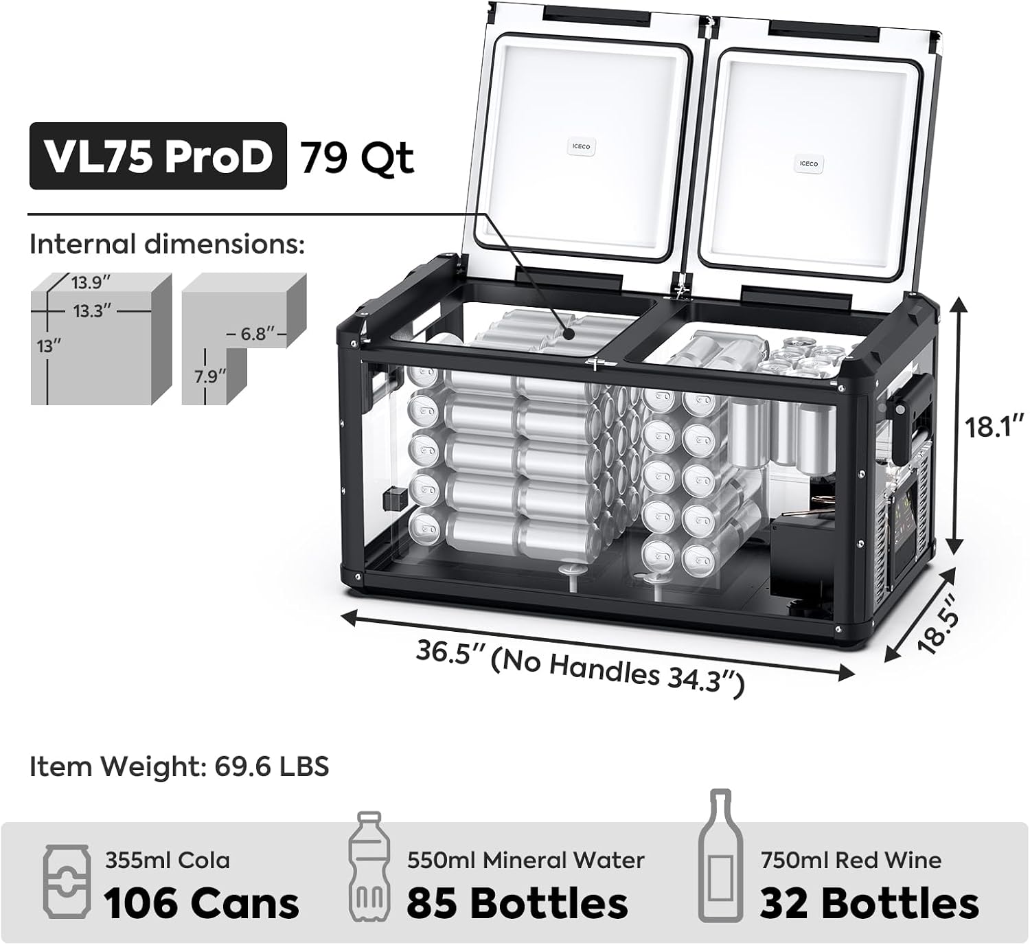 ICECO VL75 ProD Dual Zone Portable Refrigerator Multi-directional Lid, 79Qt 12 Volt Fridge with SECOP Compressor, Dual USB & DC 12/24V, AC 110-240V, 0℉-50℉, for Car, RV, Ouctdoor|With Sleeping Bag