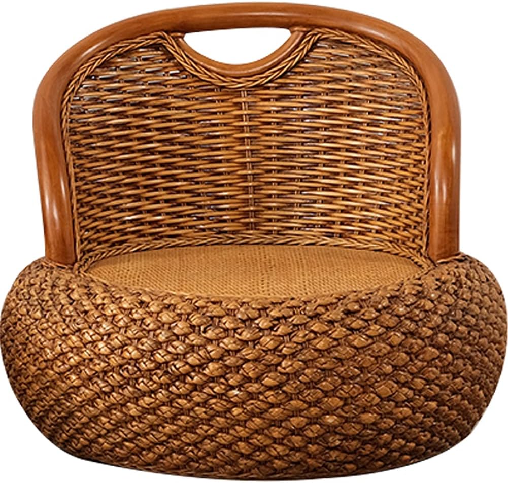 Round Rattan Floor Chair with Ergonomic Backrest Floor Lazy Chair Tatami Floor Seat Floor Meditation Chair Floor Seat Futon for Home and Office Decoration (Dark Brown)