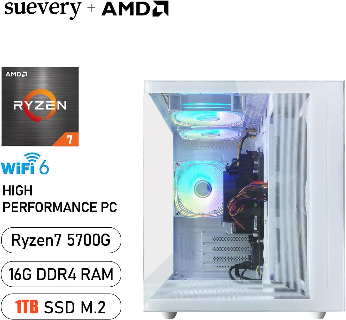 Suevery Gaming Desktop Computer 16G Memory 1TB SSD AMD Ryzen7 5700G (8Core CPU Integration Radeon Vega Graphics) Wi-Fi Prebuilt Gamer Pc White (1000GB)