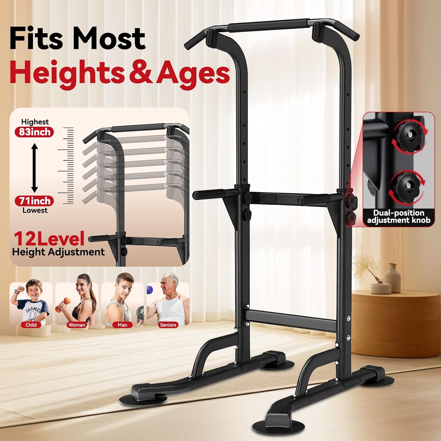 WATBKHE Power Tower Pull Up Dip Station Foldable, Pull Up Bar Station Adjustable, Multi-Function Home Gym, Strength Training Fitness Equipment, Triangular Design, for Home Outdoor