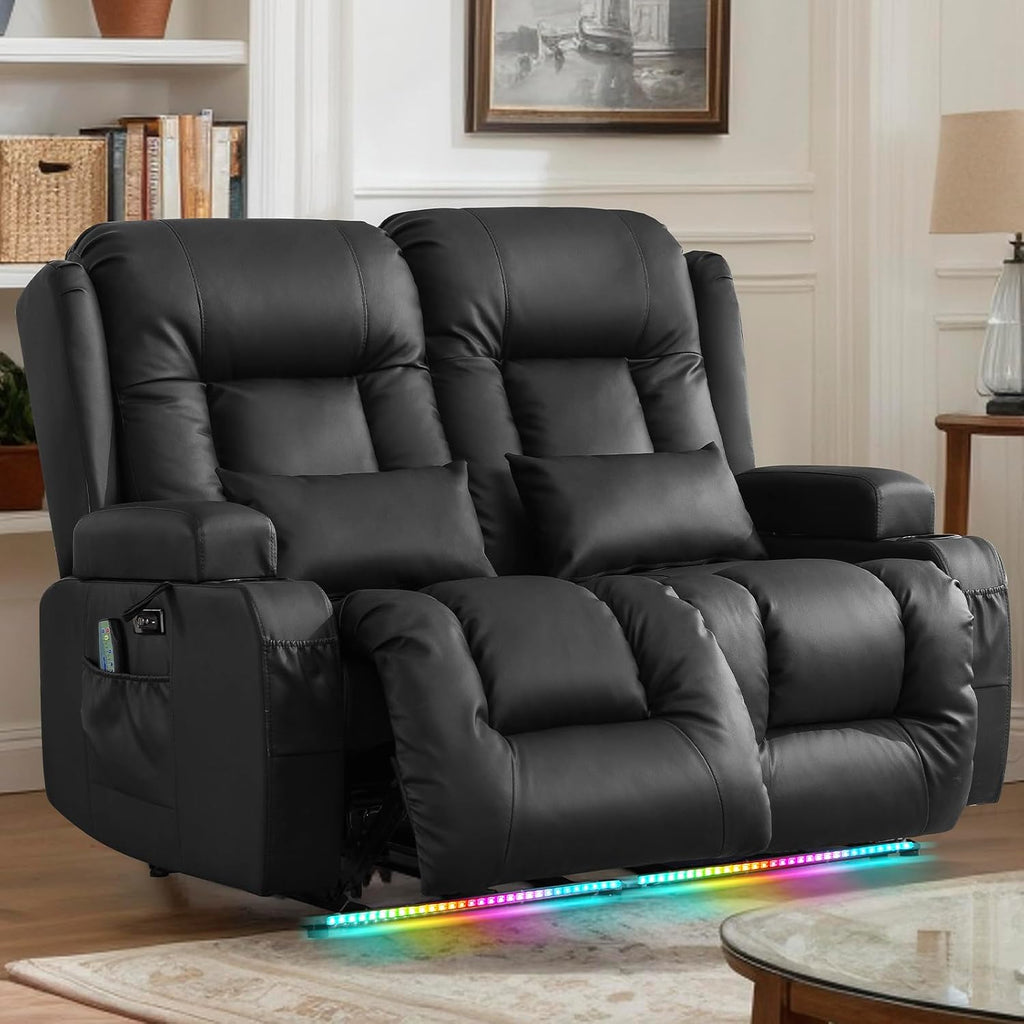 Loveseat Recliner Sofa, Leather Sofa with Massage & Heating, Home Theater Seating Power Reclining Loveseat with LED Light/Cup Holders/Lumbar Pillow (Black, Loveseat)