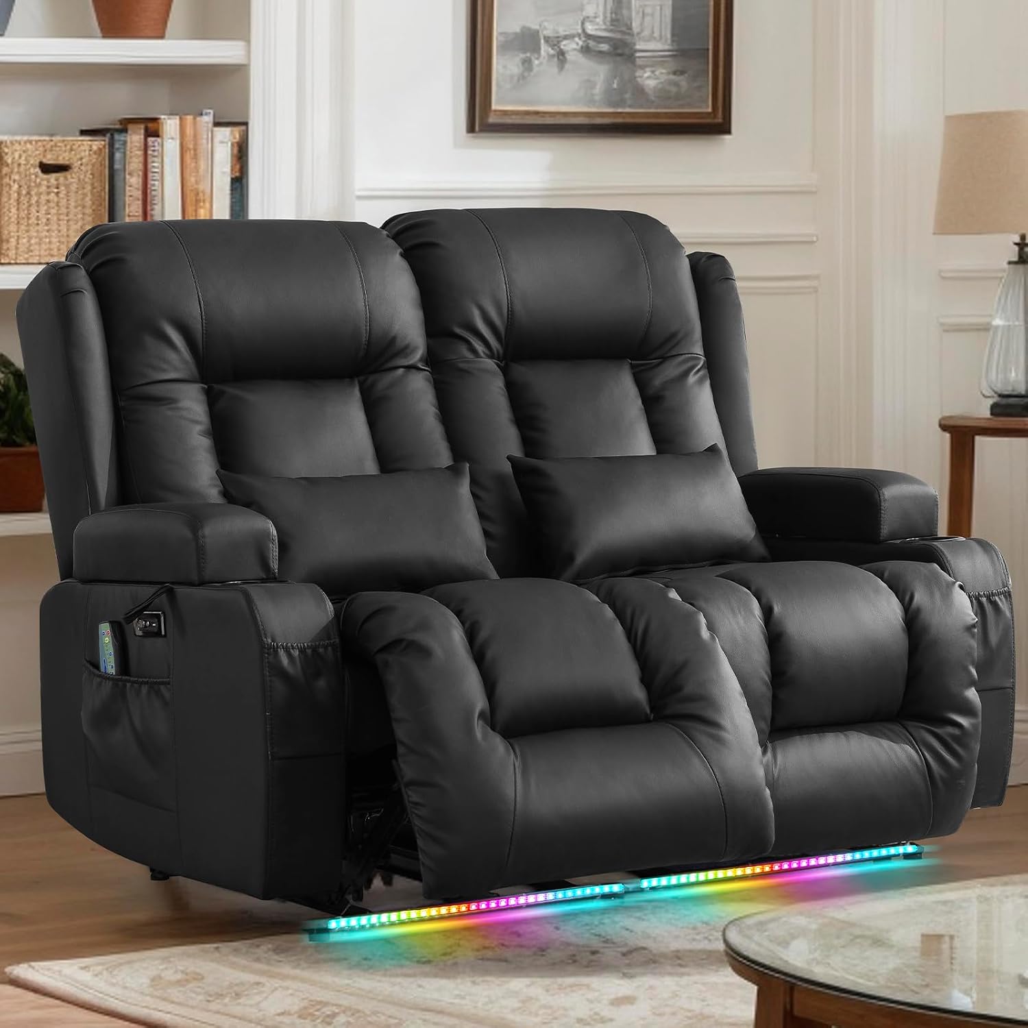 Loveseat Recliner Sofa, Leather Sofa with Massage & Heating, Home Theater Seating Power Reclining Loveseat with LED Light/Cup Holders/Lumbar Pillow (Black, Loveseat)