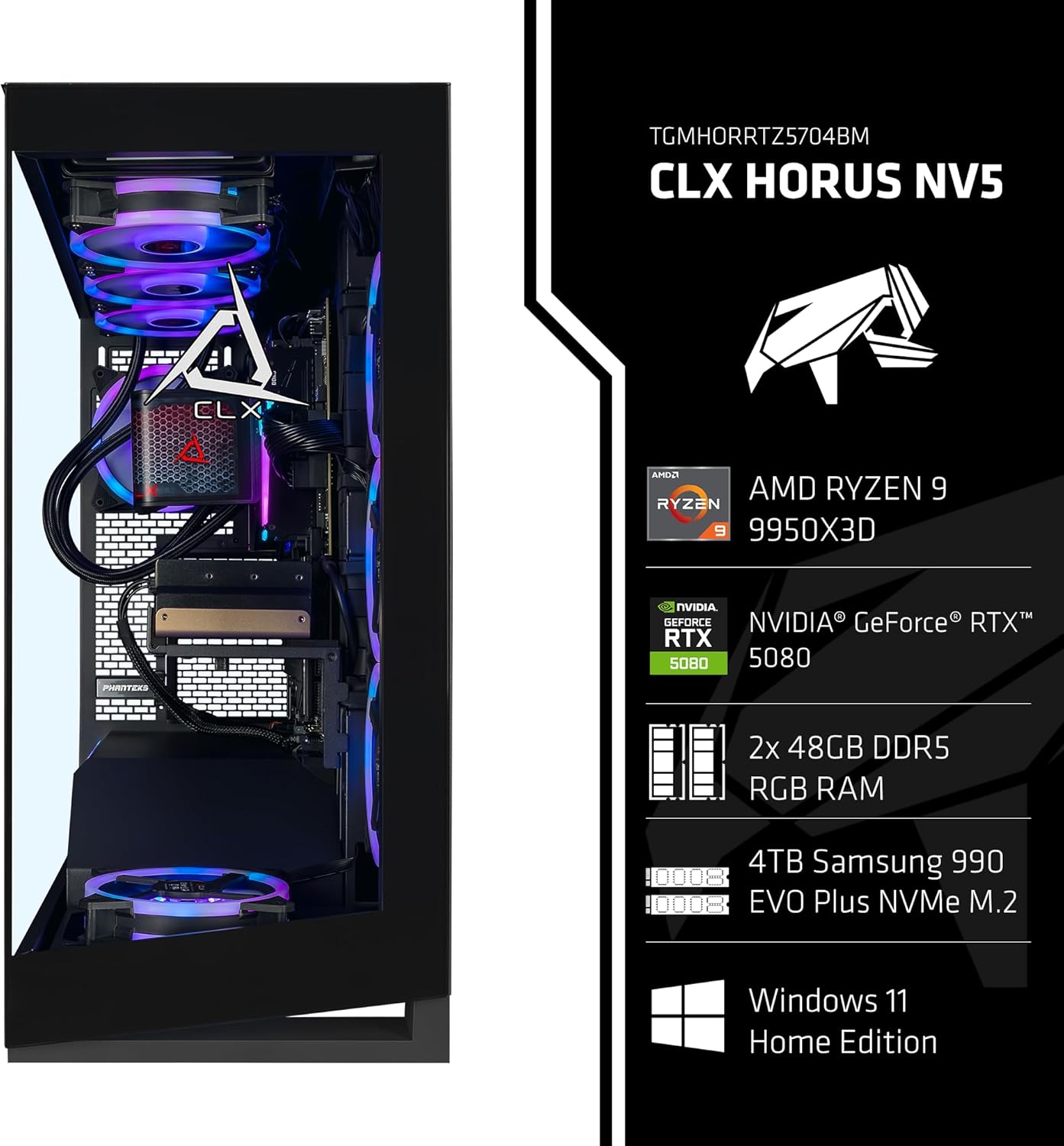 CLX Horus Gaming PC - AMD Ryzen 9 9950X3D 4.3GHz, GeForce RTX 5080, 360mm Tryx AIO, 96GB DDR5 RGB Memory, 4TB 990 EVO M.2, WiFi, Win 11 Home, Black, AI-Accelerated