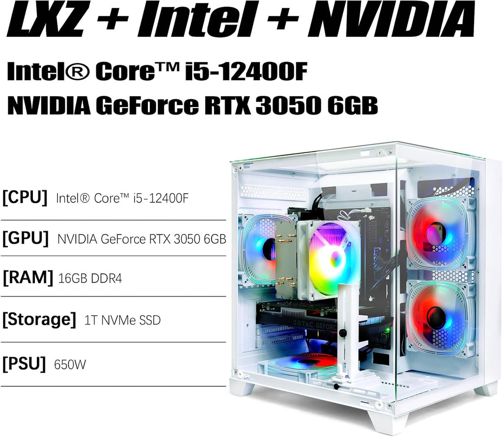 LXZ Gaming PC Desktop, I5-12400F, 2.5GHz, GeForce RTX 3050 6GB, 16GB DDR4 RAM, 1TB NVME SSD, for Gaming and Work, White