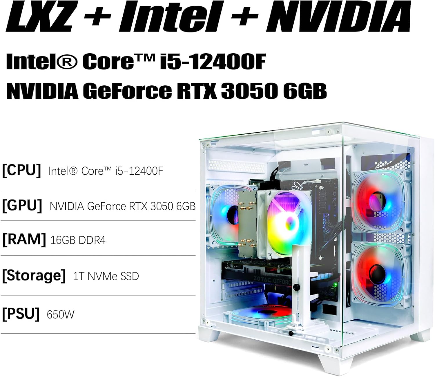 LXZ Gaming PC Desktop, I5-12400F, 2.5GHz, GeForce RTX 3050 6GB, 16GB DDR4 RAM, 1TB NVME SSD, for Gaming and Work, White