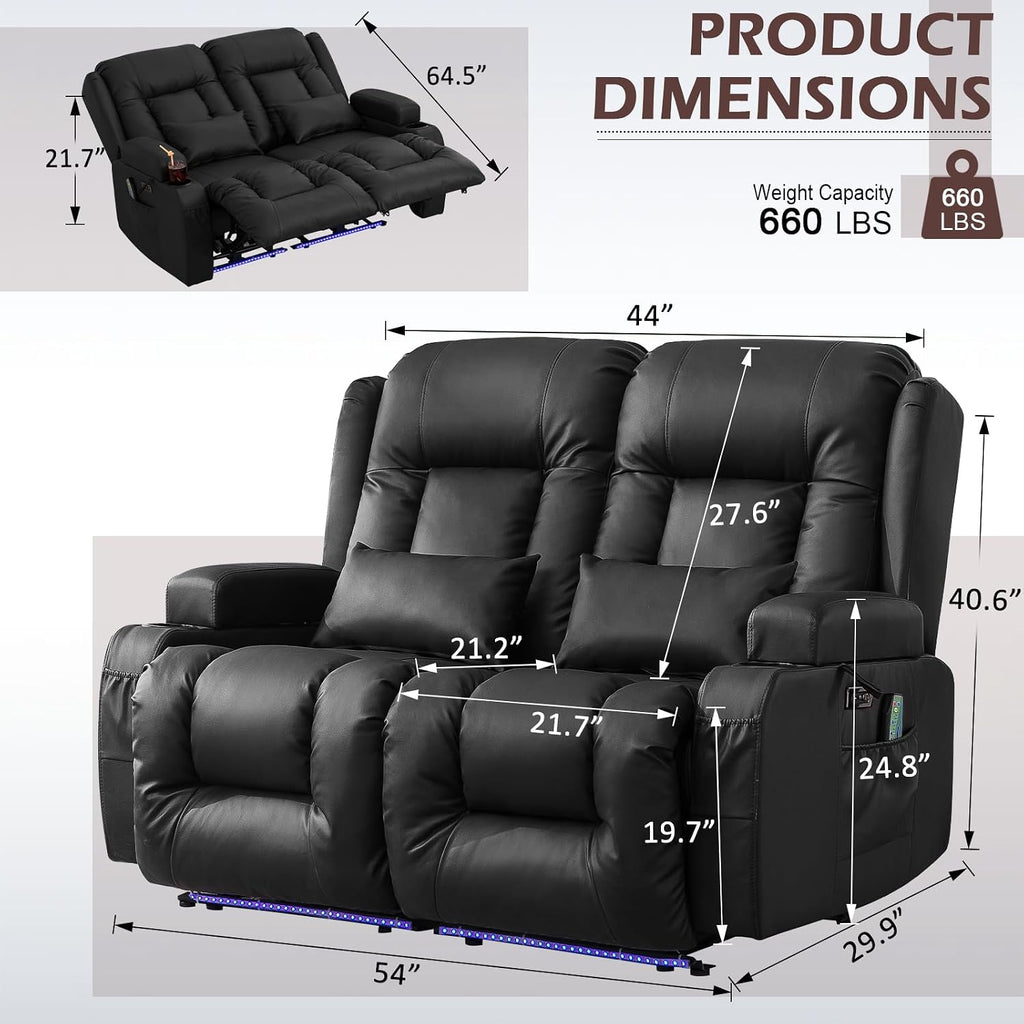 Loveseat Recliner Sofa, Leather Sofa with Massage & Heating, Home Theater Seating Power Reclining Loveseat with LED Light/Cup Holders/Lumbar Pillow (Black, Loveseat)