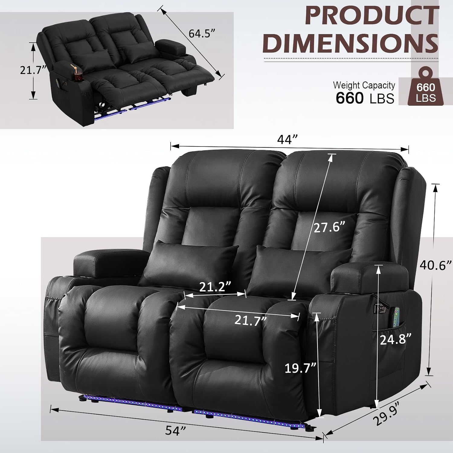 Loveseat Recliner Sofa, Leather Sofa with Massage & Heating, Home Theater Seating Power Reclining Loveseat with LED Light/Cup Holders/Lumbar Pillow (Black, Loveseat)