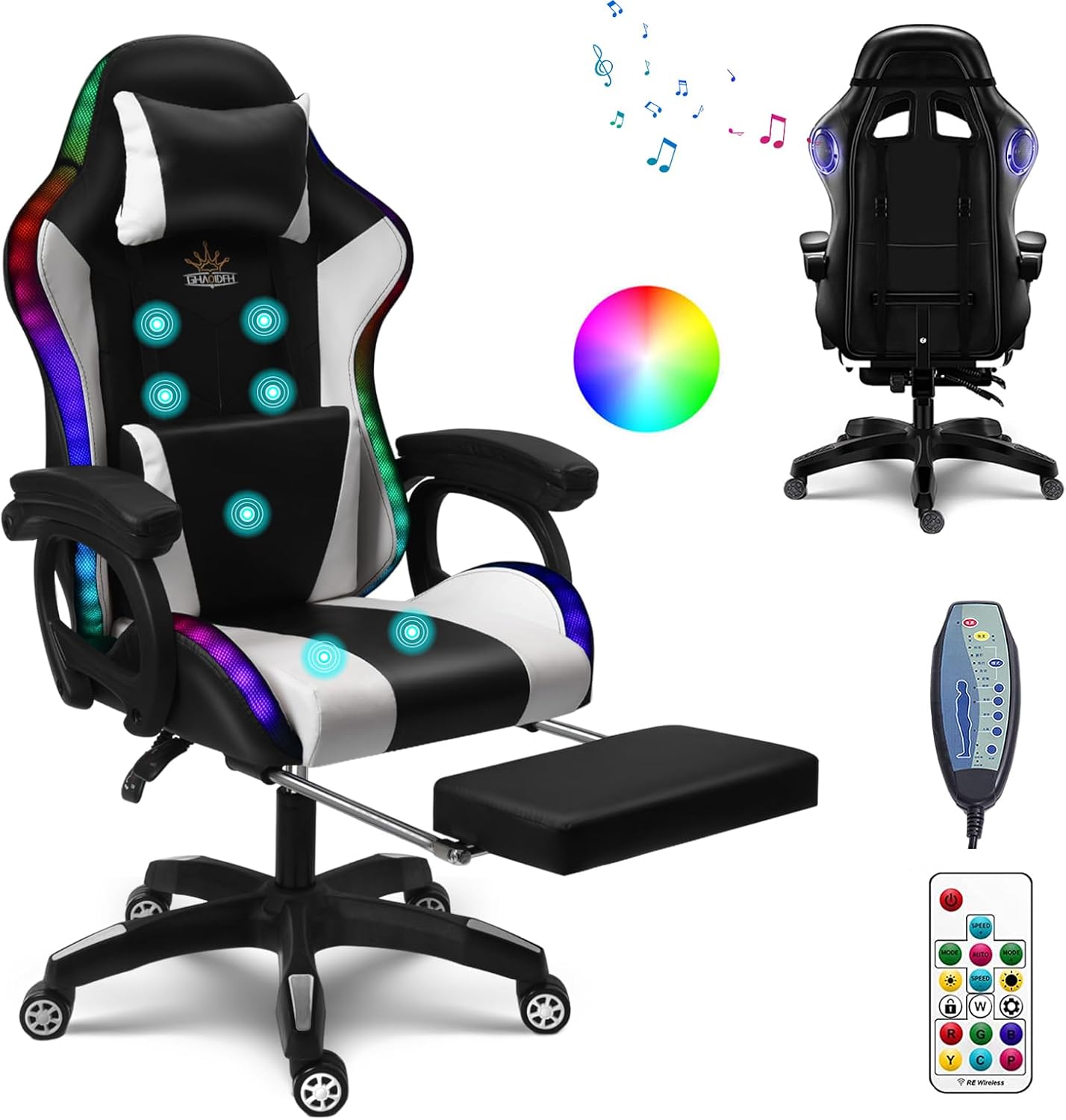Massage Gaming Chair with Speakers Video Game Chair with RGB LED Lights Ergonomic Racing Office Chair PU Leather Recliner Computer Chair Swivel Chair with Headrest Armrest Lumbar Support,White