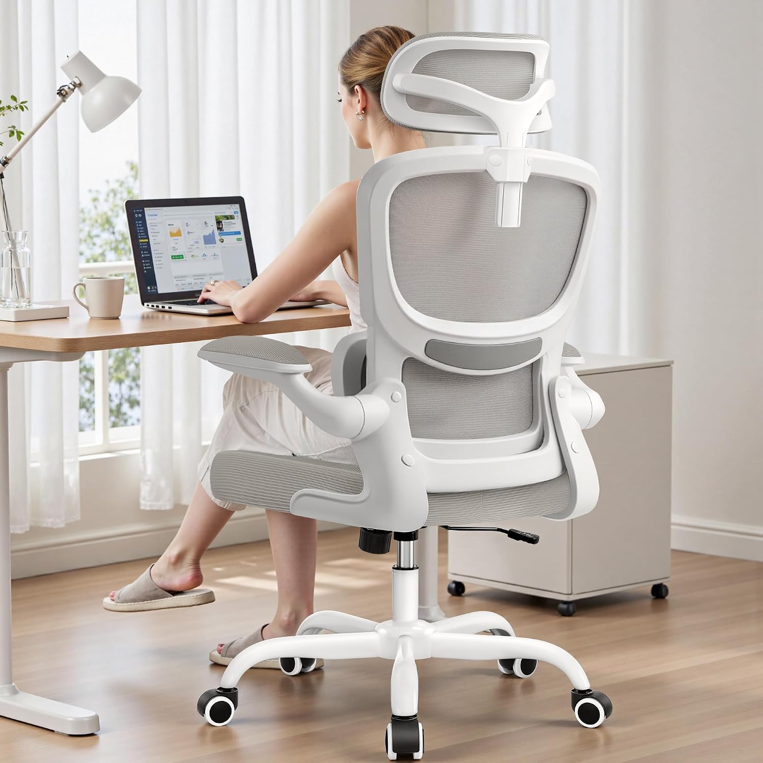 BESTFAIR High Back Ergonomic Office Chair, Breathable Mesh Desk Chair with Lumbar Support, Adjustable Headrest, Flip-up Armrests, Computer Gaming Chair, (LightGray)