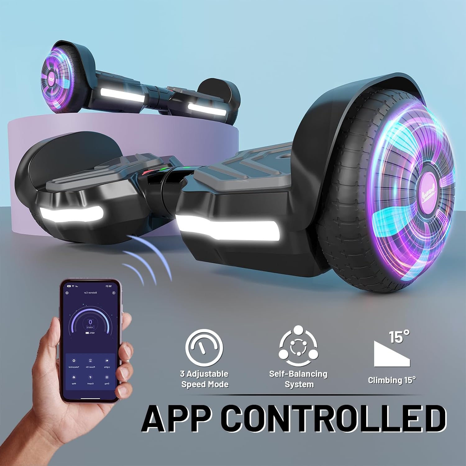 SIMATE Scooter, Bluetooth Speakers and LED Light-Up Wheels, APP Control, Dual 250W Motors, 8.5 mph Max Speed & 8.5 Miles Max Range, Gifts for Kids Adults Girls Boys