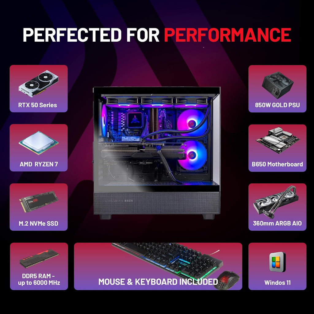 Skytech Gaming Azure 3 Desktop PC, Ryzen 7 7700X 4.5 GHz (5.4GHz), NVIDIA RTX 5070 12GB, 1TB Gen4 NVMe SSD, 32GB DDR5 RAM 6000 RGB, 850W Gold PSU, 360mm ARGB AIO, Wi-Fi, Win 11