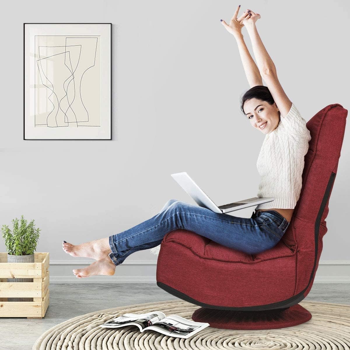FANTASK 360 Degree Swivel Floor Chair, Folding Floor Sofa w/ 5 Adjustable Positions & Backrest, Lazy Lounge Chair for Relaxing Reading Gaming TV Watching (Burgundy)